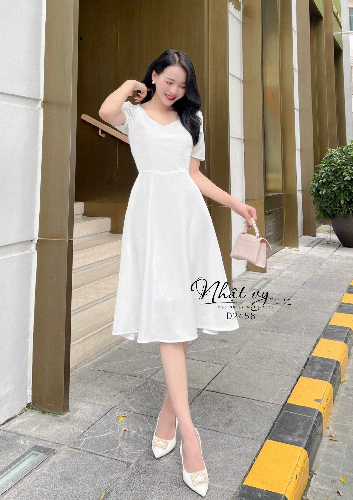 Đầm cổ tim cách điệu chiết ngực form dáng xoè - D2458