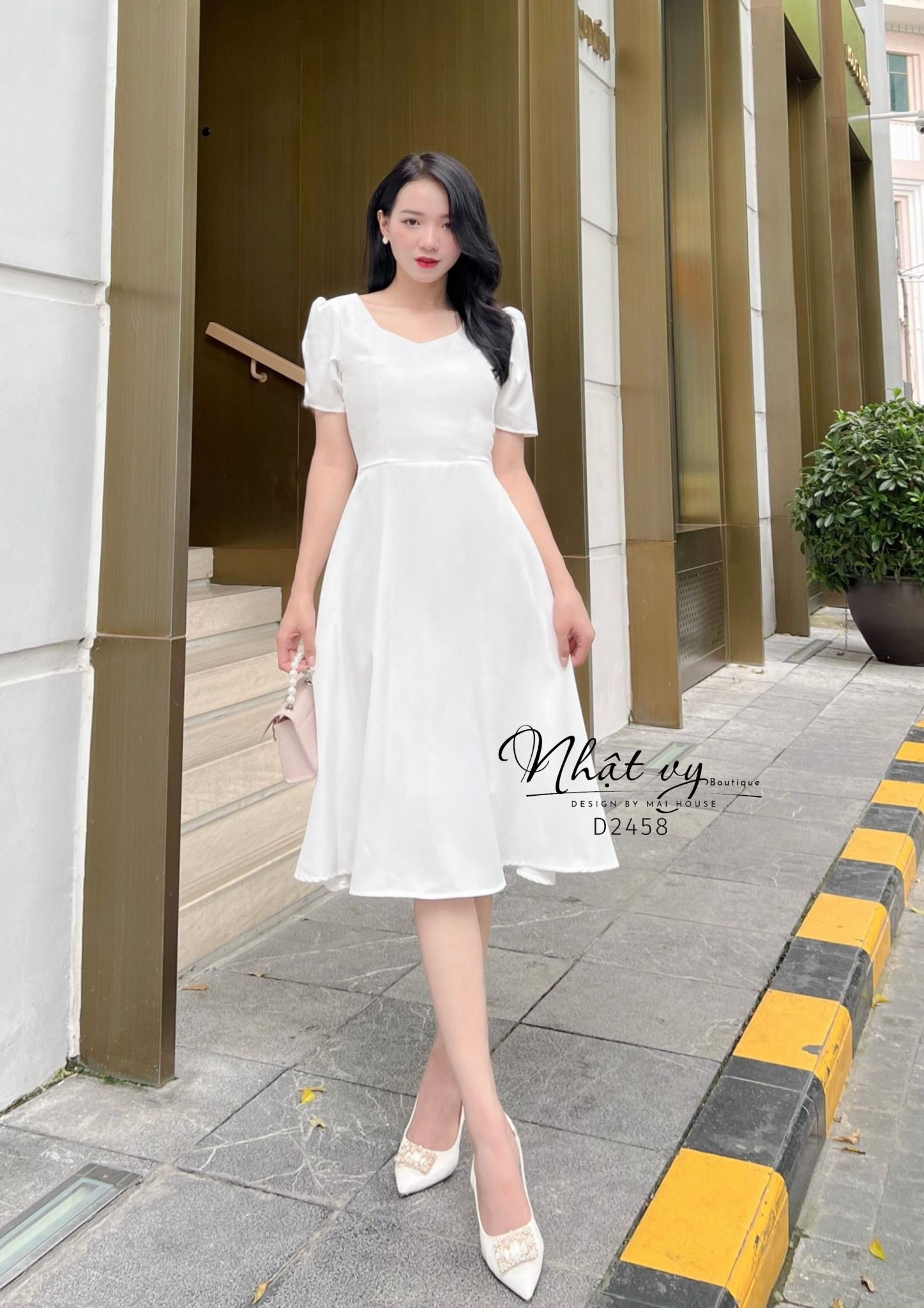 Đầm cổ tim cách điệu chiết ngực form dáng xoè - D2458