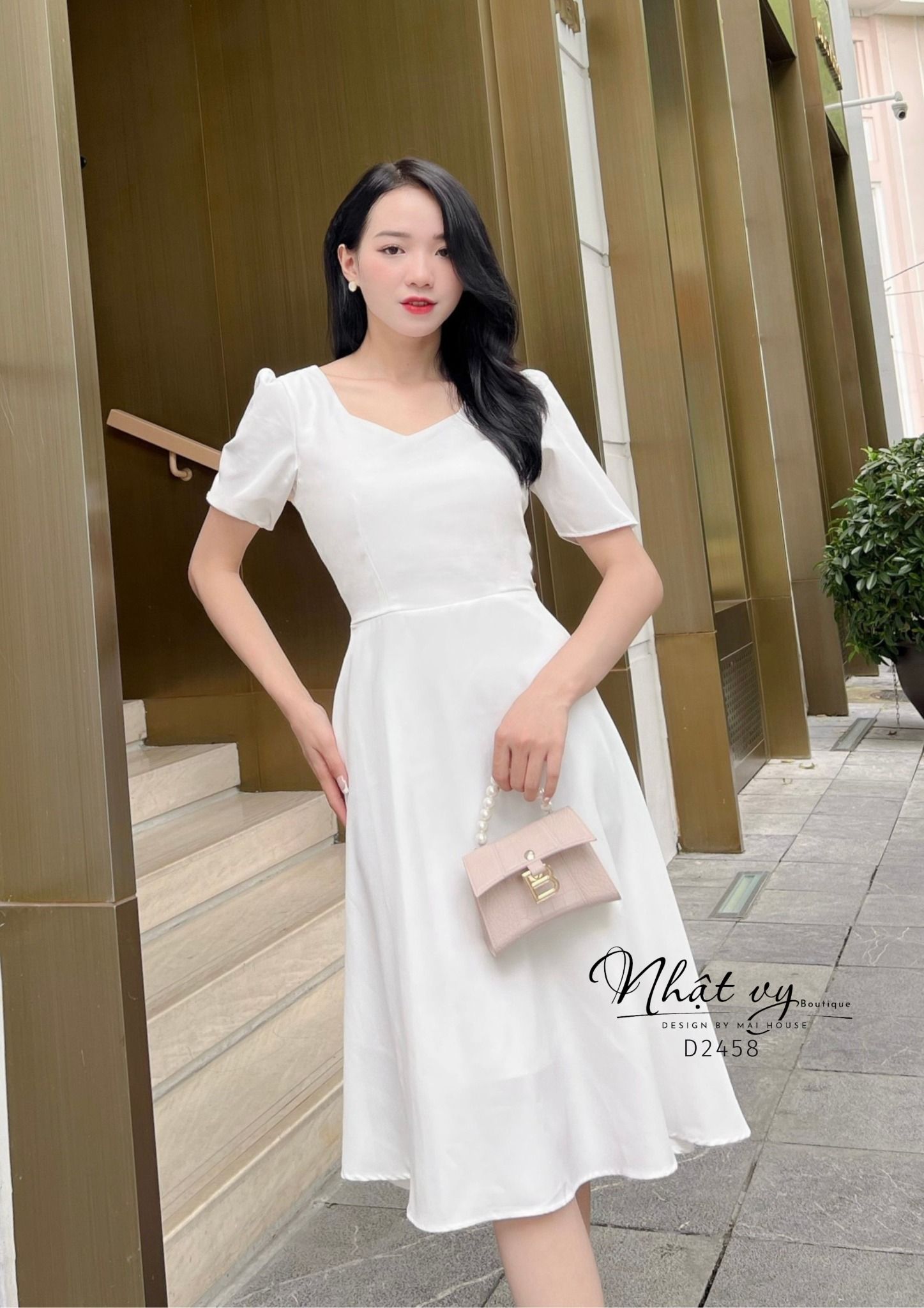 Đầm cổ tim cách điệu chiết ngực form dáng xoè - D2458