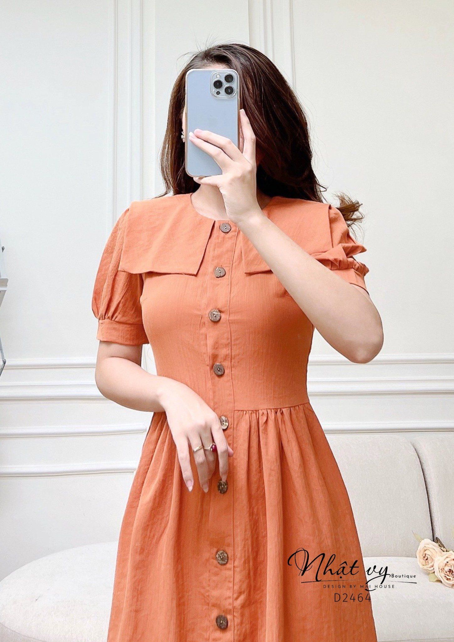Đầm cổ tròn tay phồng đính cúc giả dáng xoè - D2464