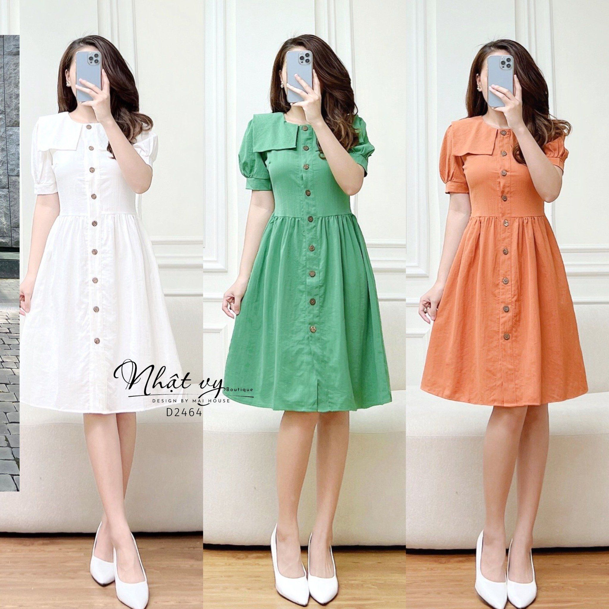 Đầm cổ tròn tay phồng đính cúc giả dáng xoè - D2464