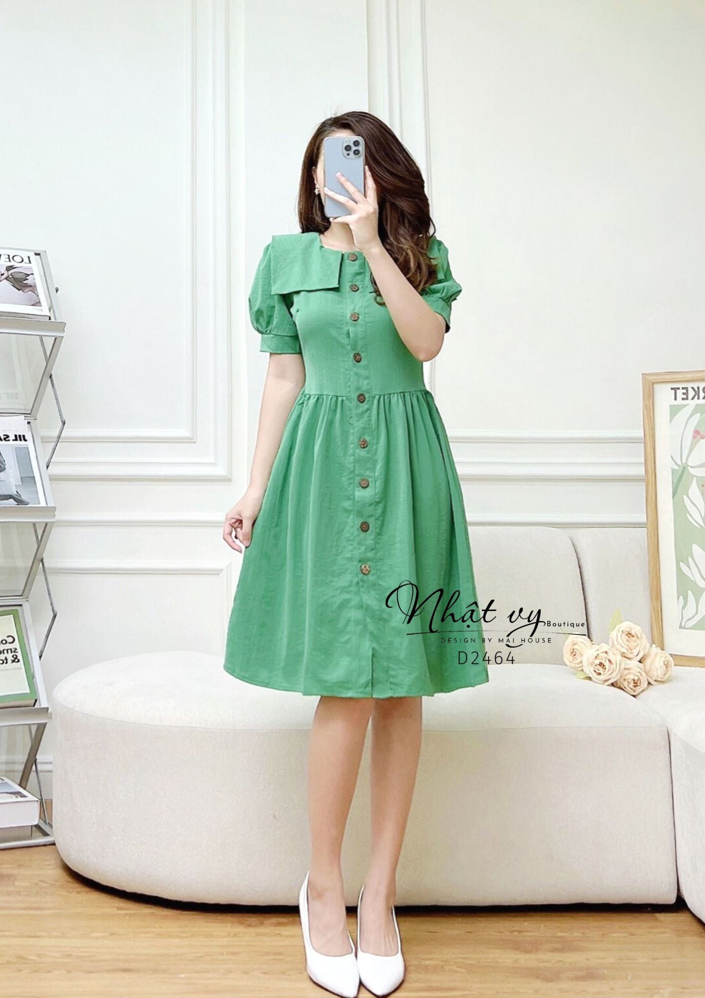 Đầm cổ tròn tay phồng đính cúc giả dáng xoè - D2464