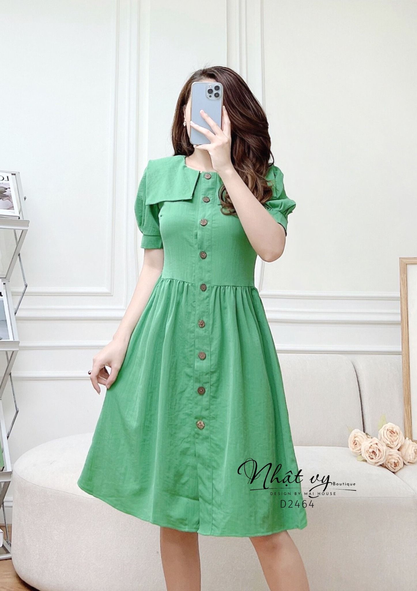 Đầm cổ tròn tay phồng đính cúc giả dáng xoè - D2464