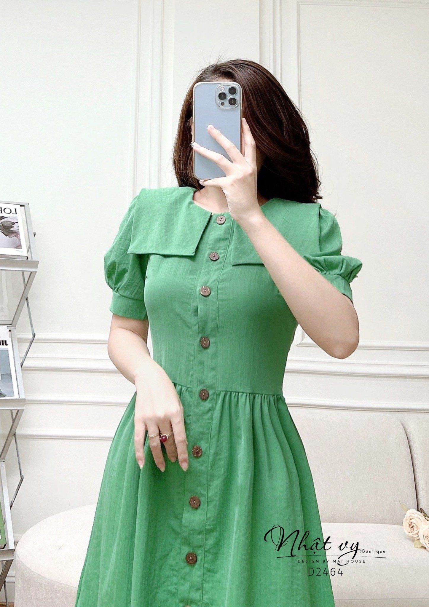 Đầm cổ tròn tay phồng đính cúc giả dáng xoè - D2464