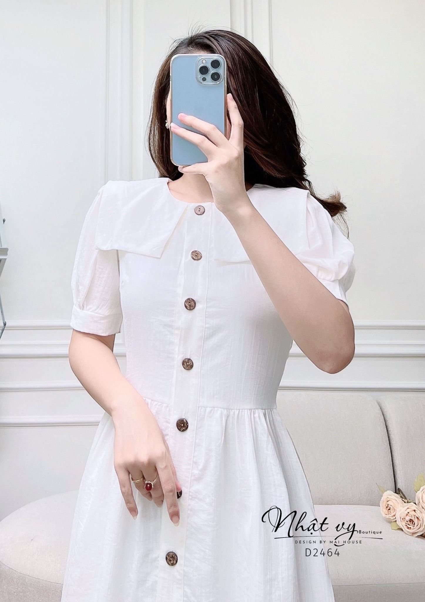 Đầm cổ tròn tay phồng đính cúc giả dáng xoè - D2464