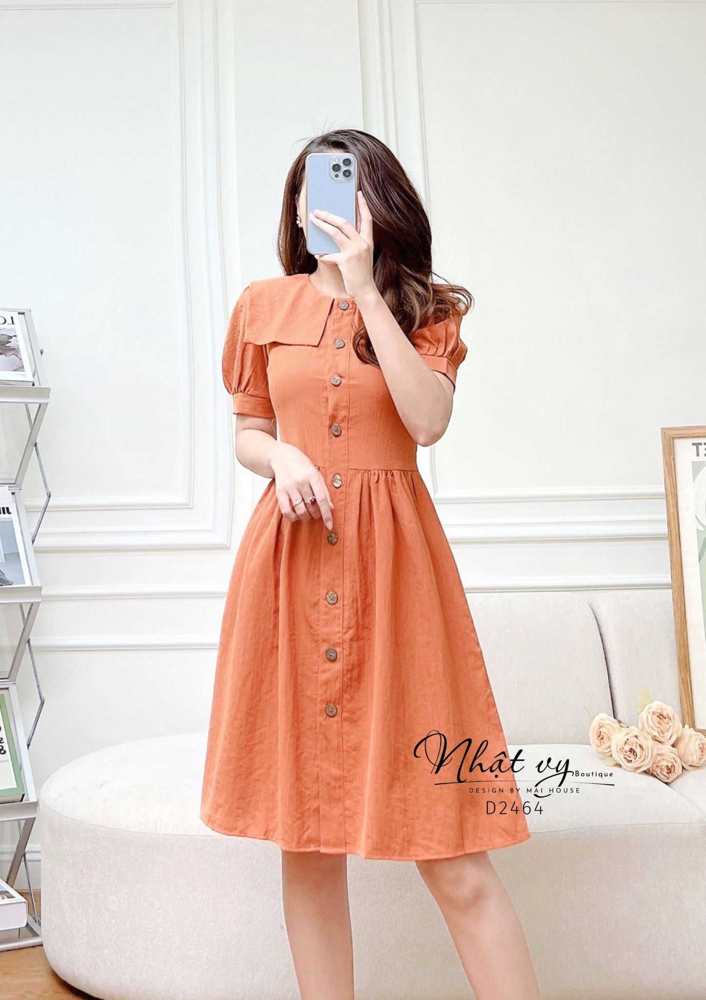Đầm cổ tròn tay phồng đính cúc giả dáng xoè - D2464