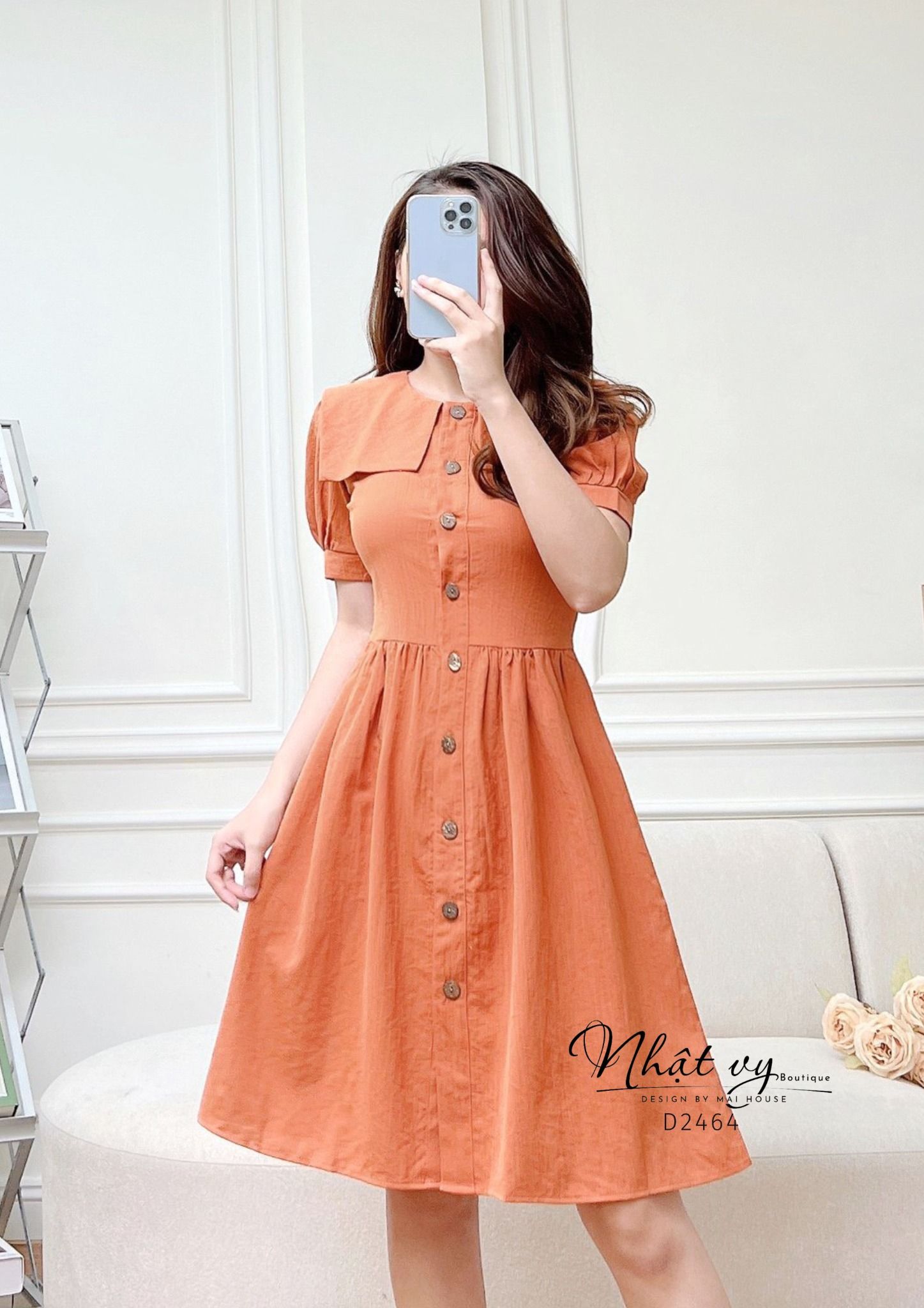 Đầm cổ tròn tay phồng đính cúc giả dáng xoè - D2464