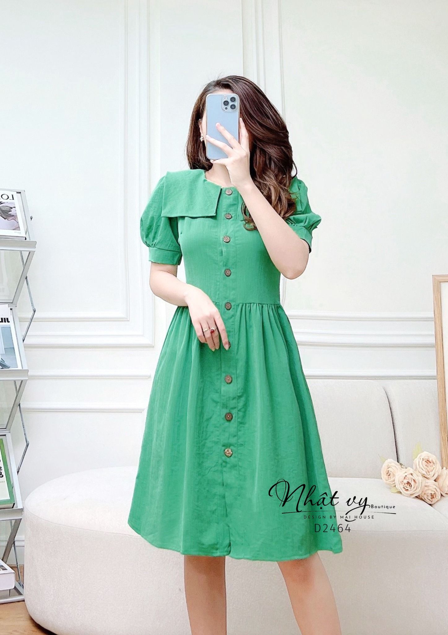 Đầm cổ tròn tay phồng đính cúc giả dáng xoè - D2464