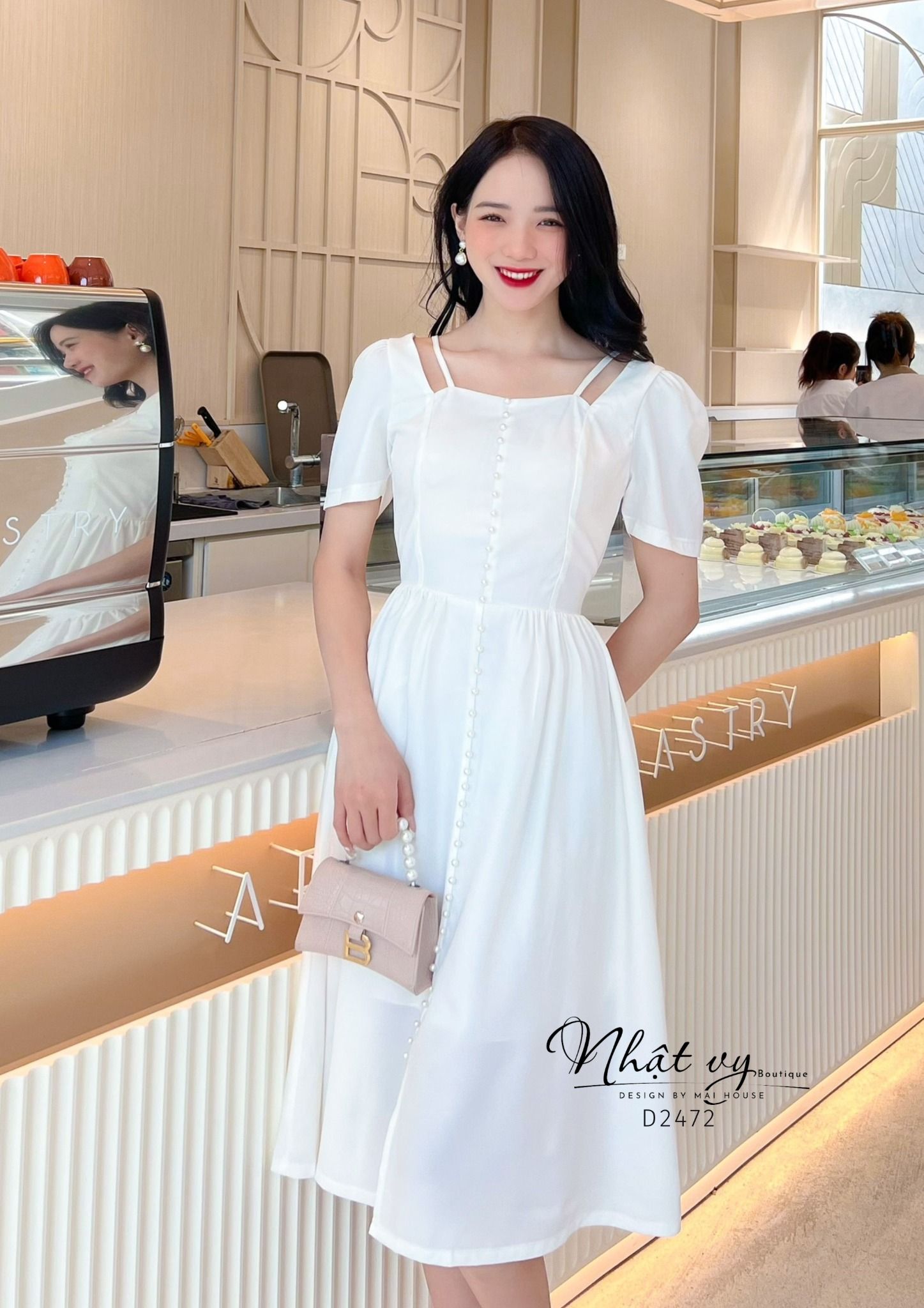 Đầm dáng xoè cổ vuông đính cúc ngọc - D2472
