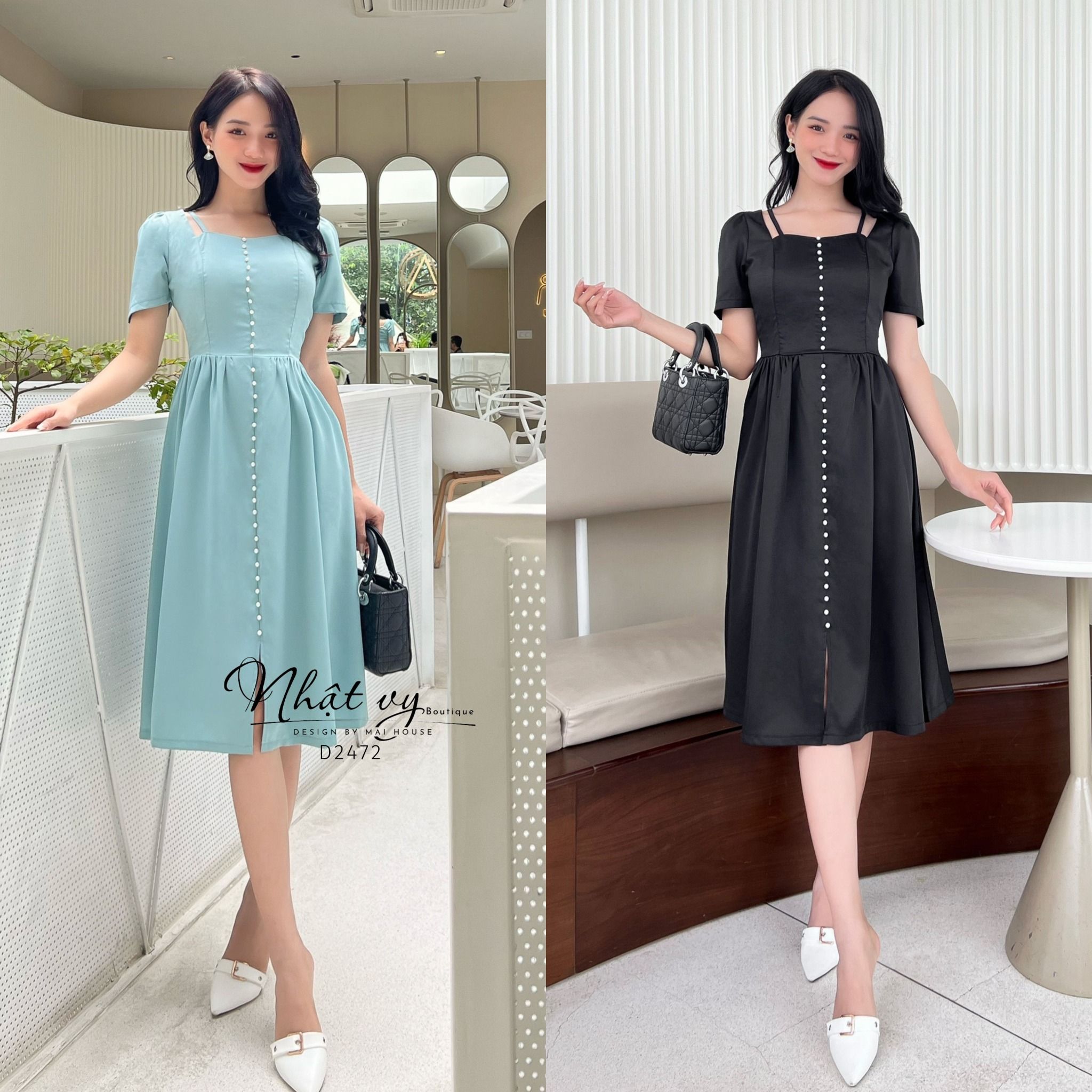Đầm dáng xoè cổ vuông đính cúc ngọc - D2472