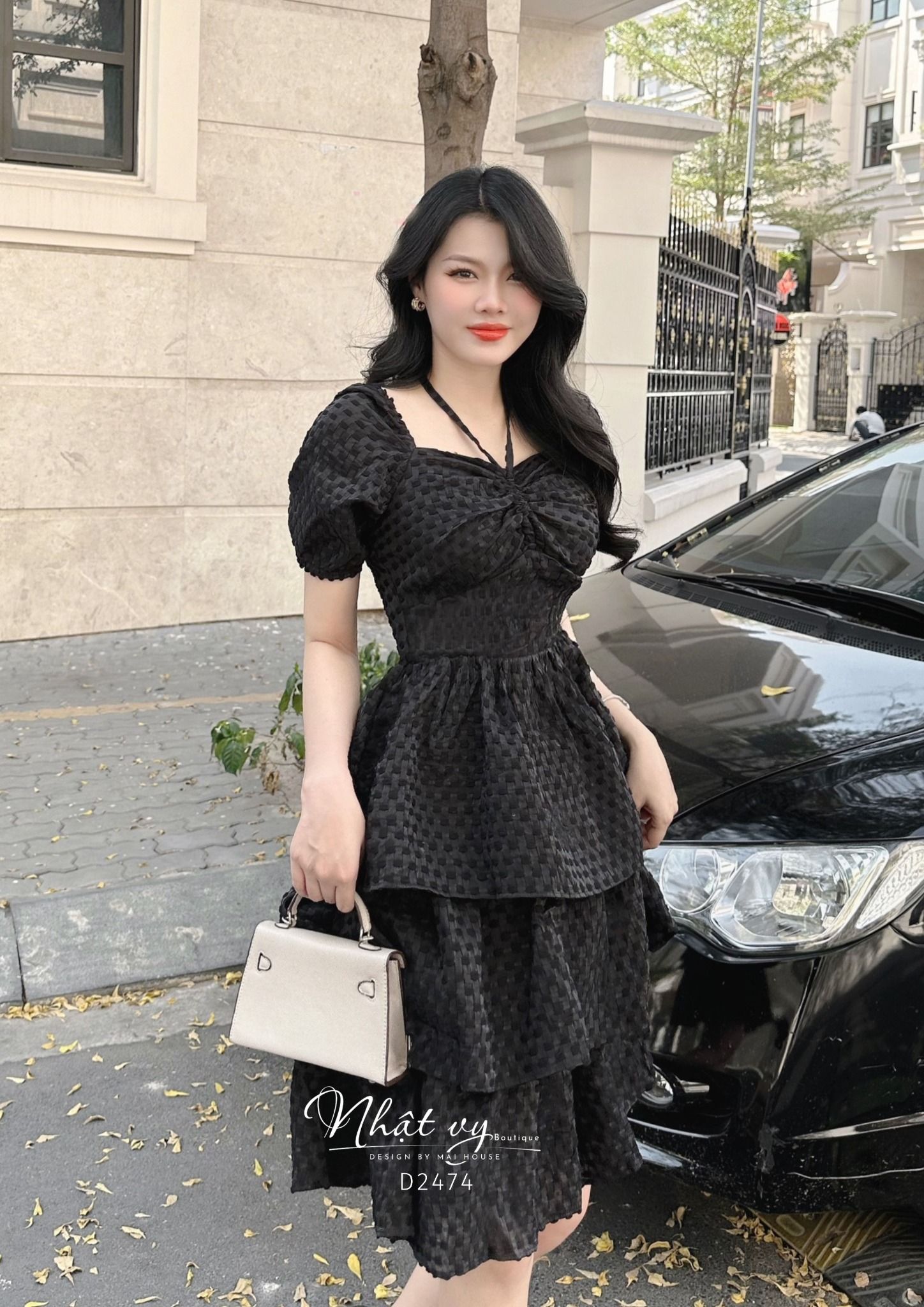 Đầm xoè 3 tầng rút dây ngực thắt nơ - D2474