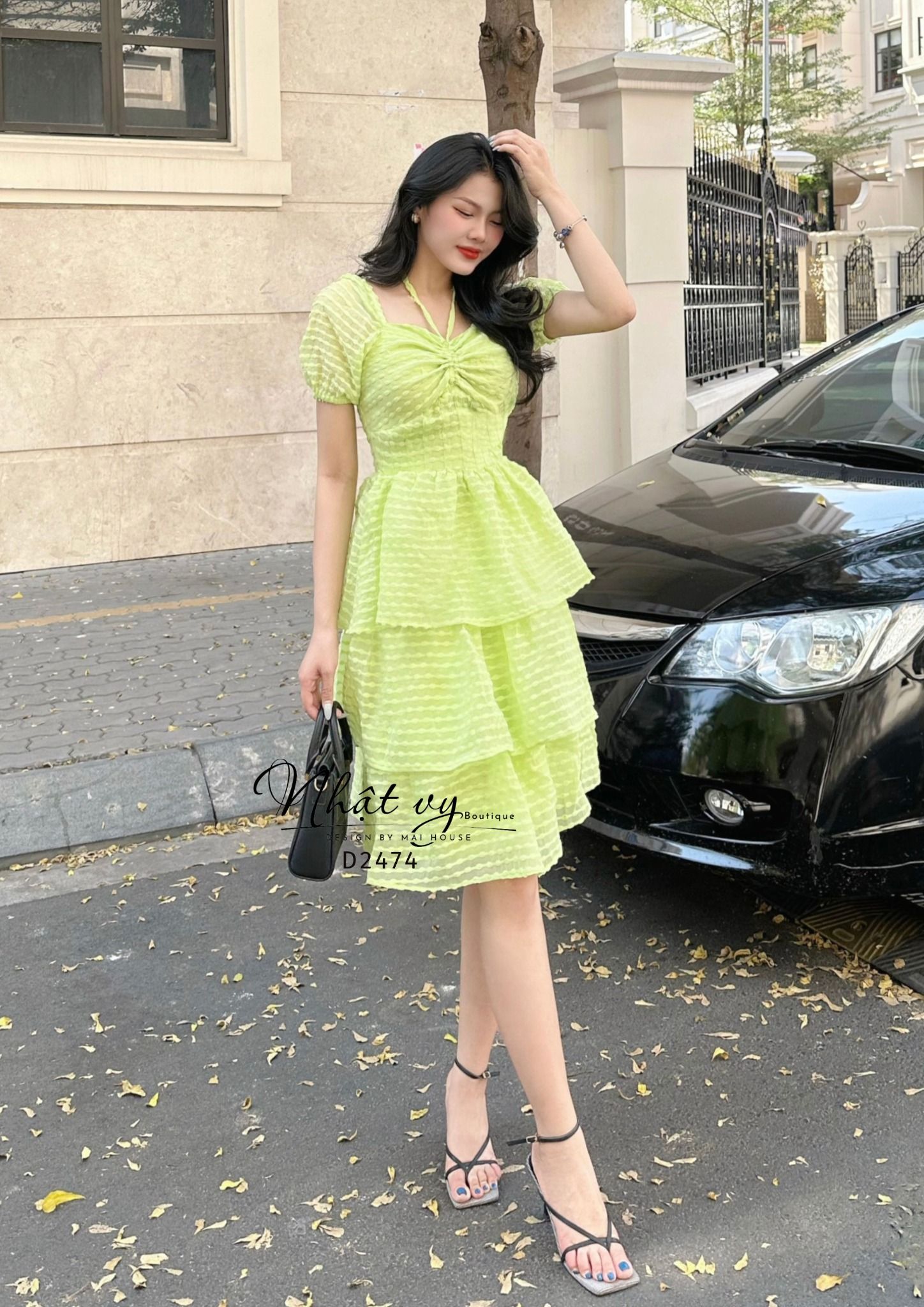 Đầm xoè 3 tầng rút dây ngực thắt nơ - D2474