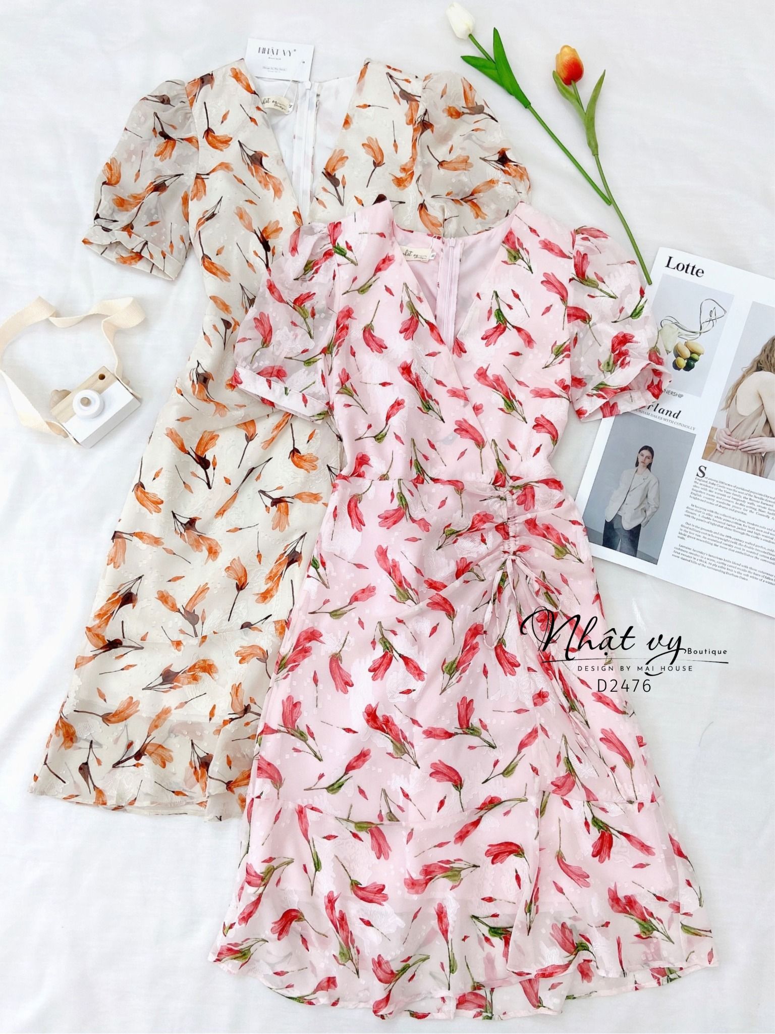 Đầm hoa rút dây kiểu cổ V đuôi cá - D2476