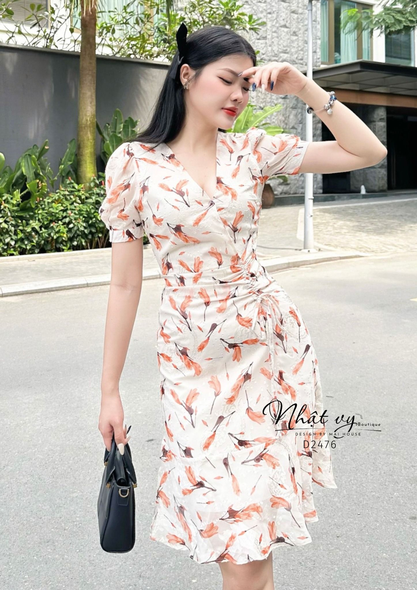 Đầm hoa rút dây kiểu cổ V đuôi cá - D2476