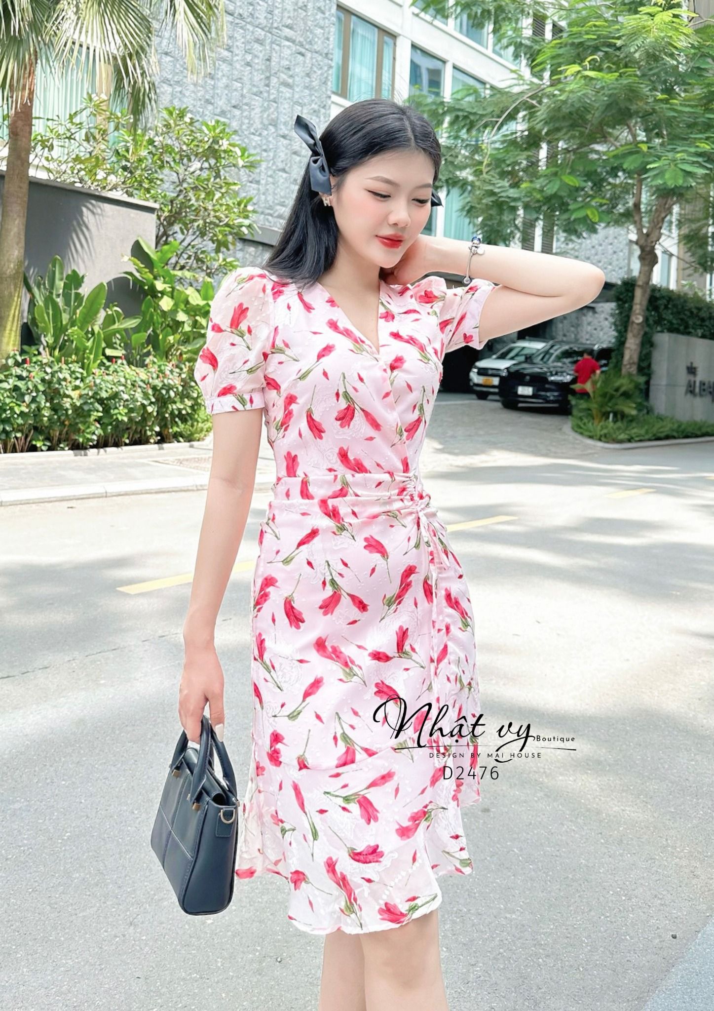 Đầm hoa rút dây kiểu cổ V đuôi cá - D2476
