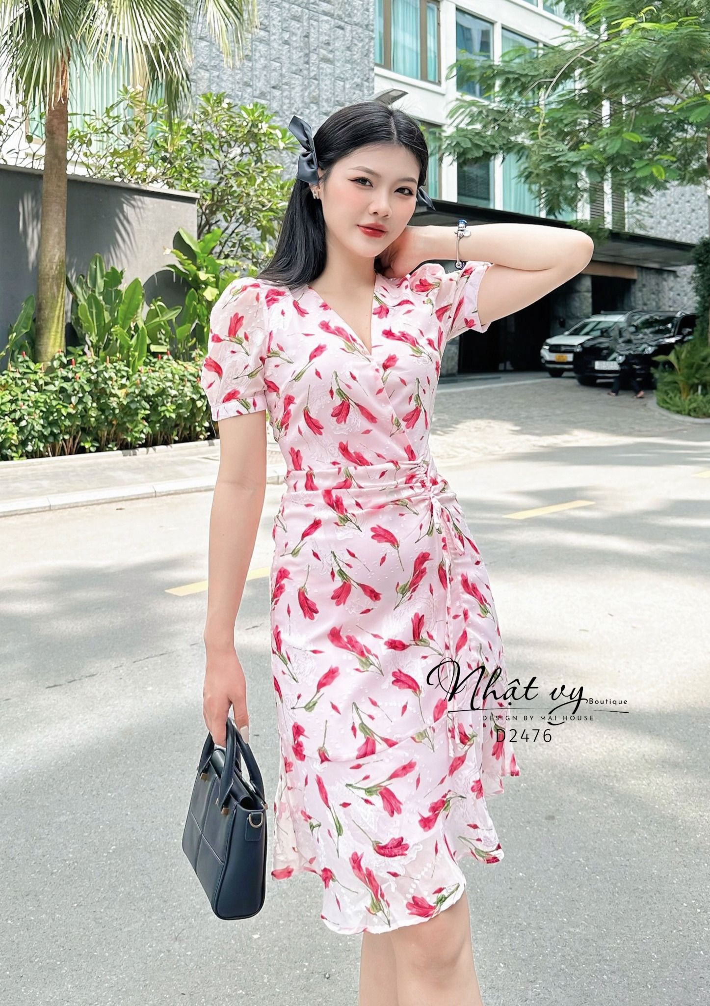 Đầm hoa rút dây kiểu cổ V đuôi cá - D2476