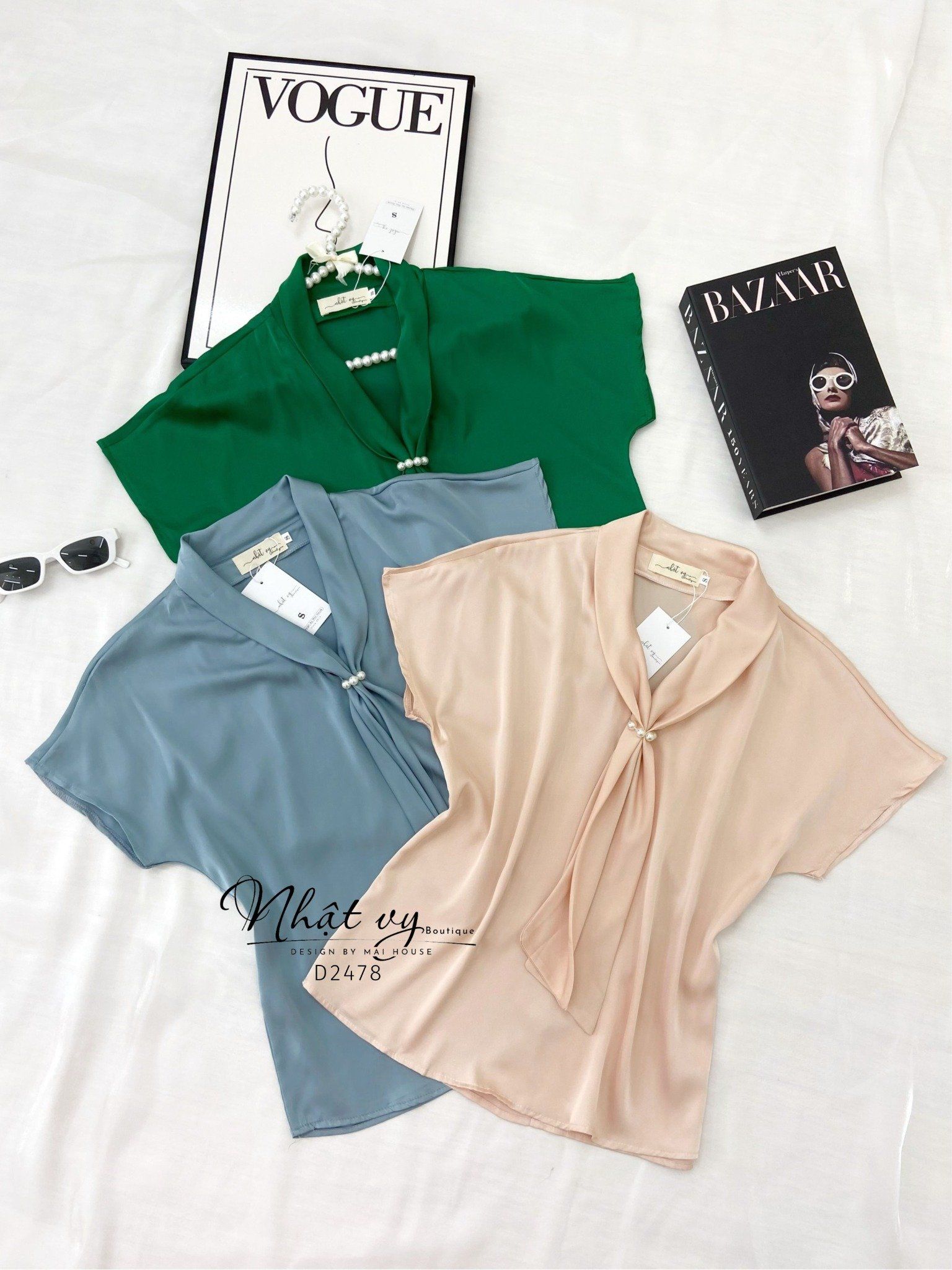 Áo công sở tay cánh dơi nơ cổ đính ngọc - D2478