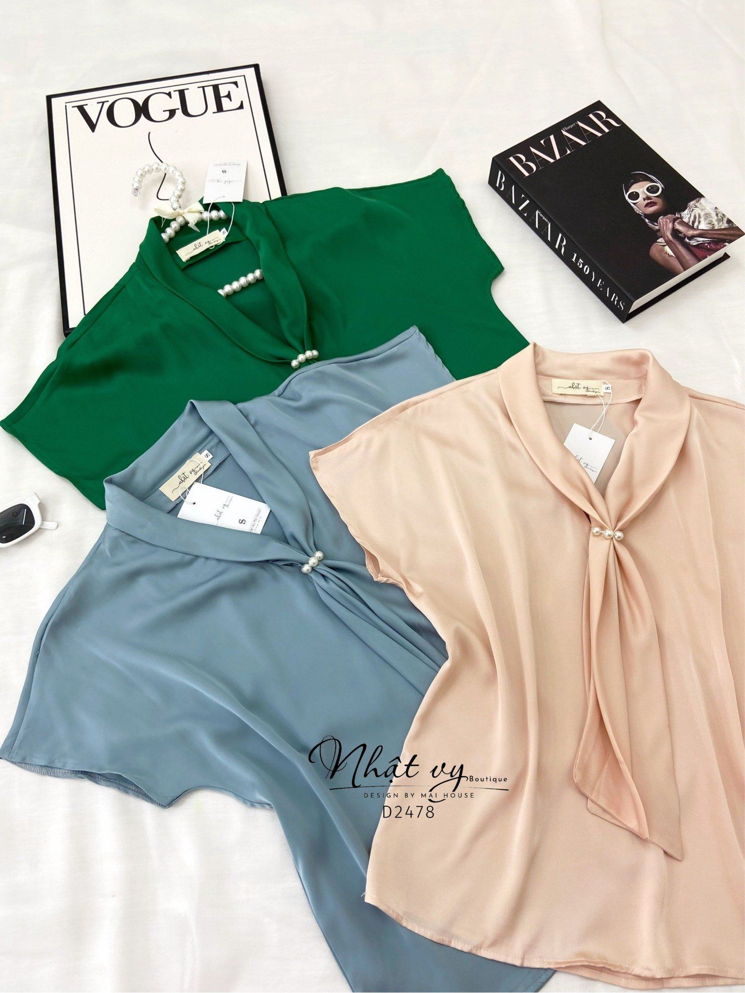 Áo công sở tay cánh dơi nơ cổ đính ngọc - D2478