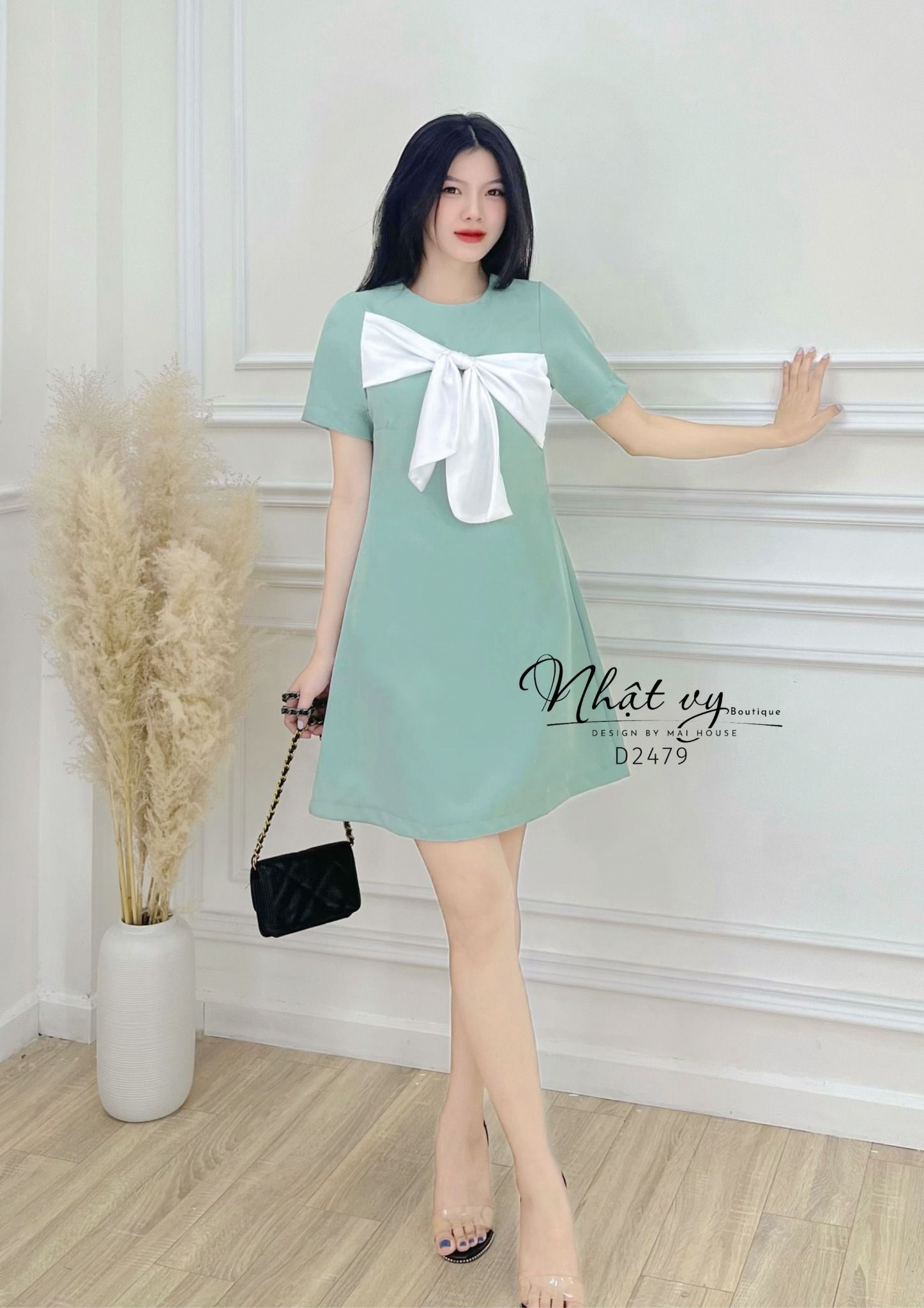 Đầm cổ tròn phối nơ ngực kiểu dáng đơn giản - D2479
