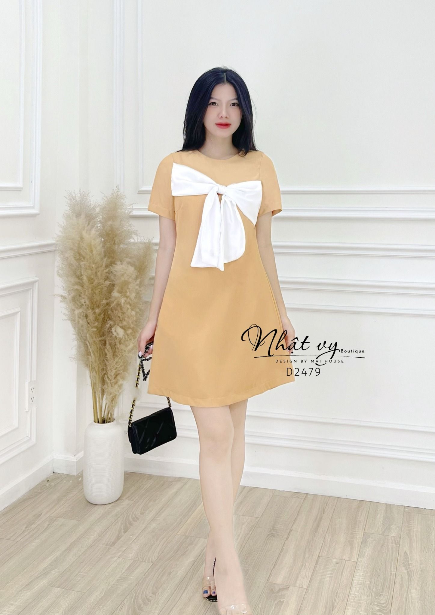 Đầm cổ tròn phối nơ ngực kiểu dáng đơn giản - D2479