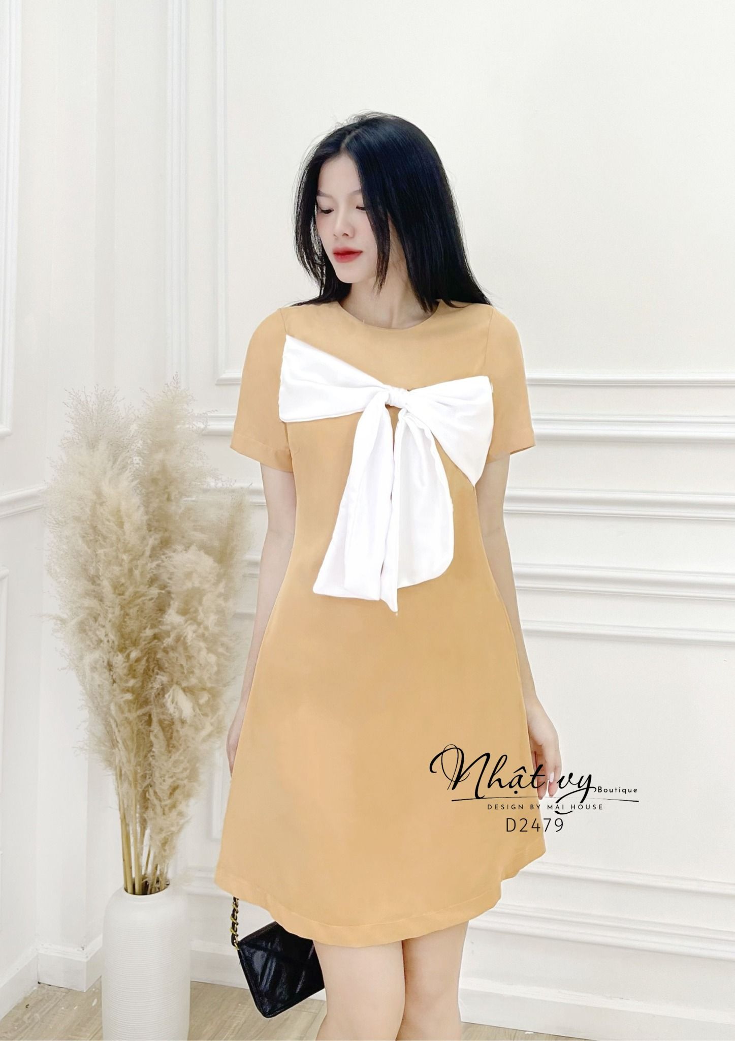 Đầm cổ tròn phối nơ ngực kiểu dáng đơn giản - D2479