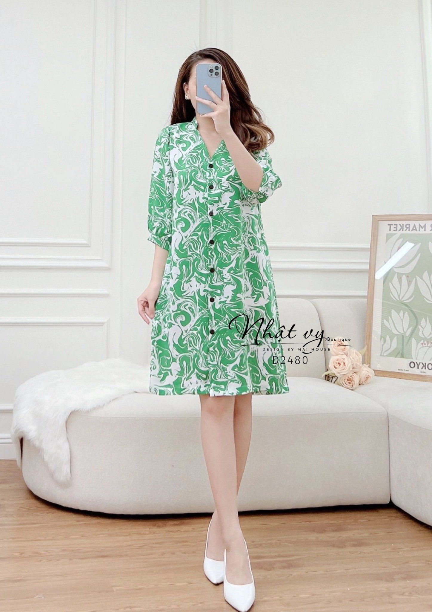 Đầm sơ mi hoạ tiết dáng suông tay lửng - D2480