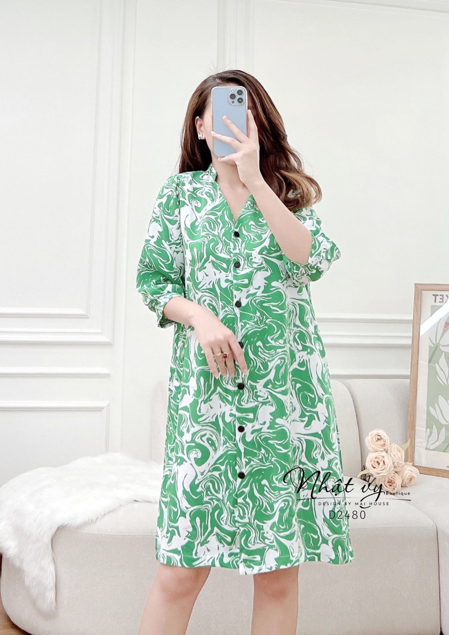 Đầm sơ mi hoạ tiết dáng suông tay lửng - D2480