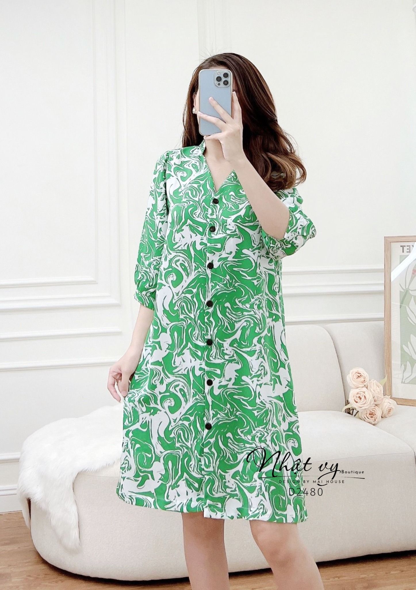 Đầm sơ mi hoạ tiết dáng suông tay lửng - D2480