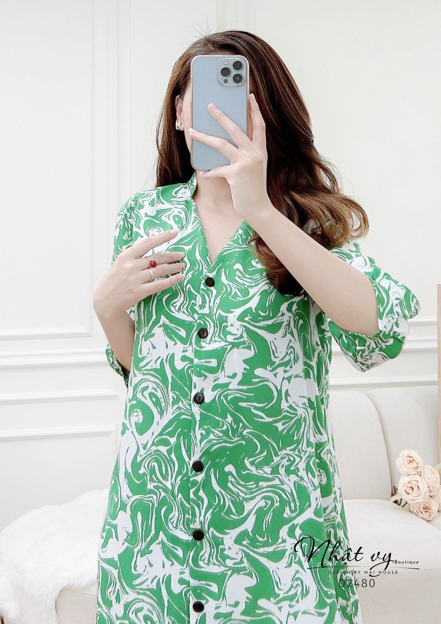 Đầm sơ mi hoạ tiết dáng suông tay lửng - D2480