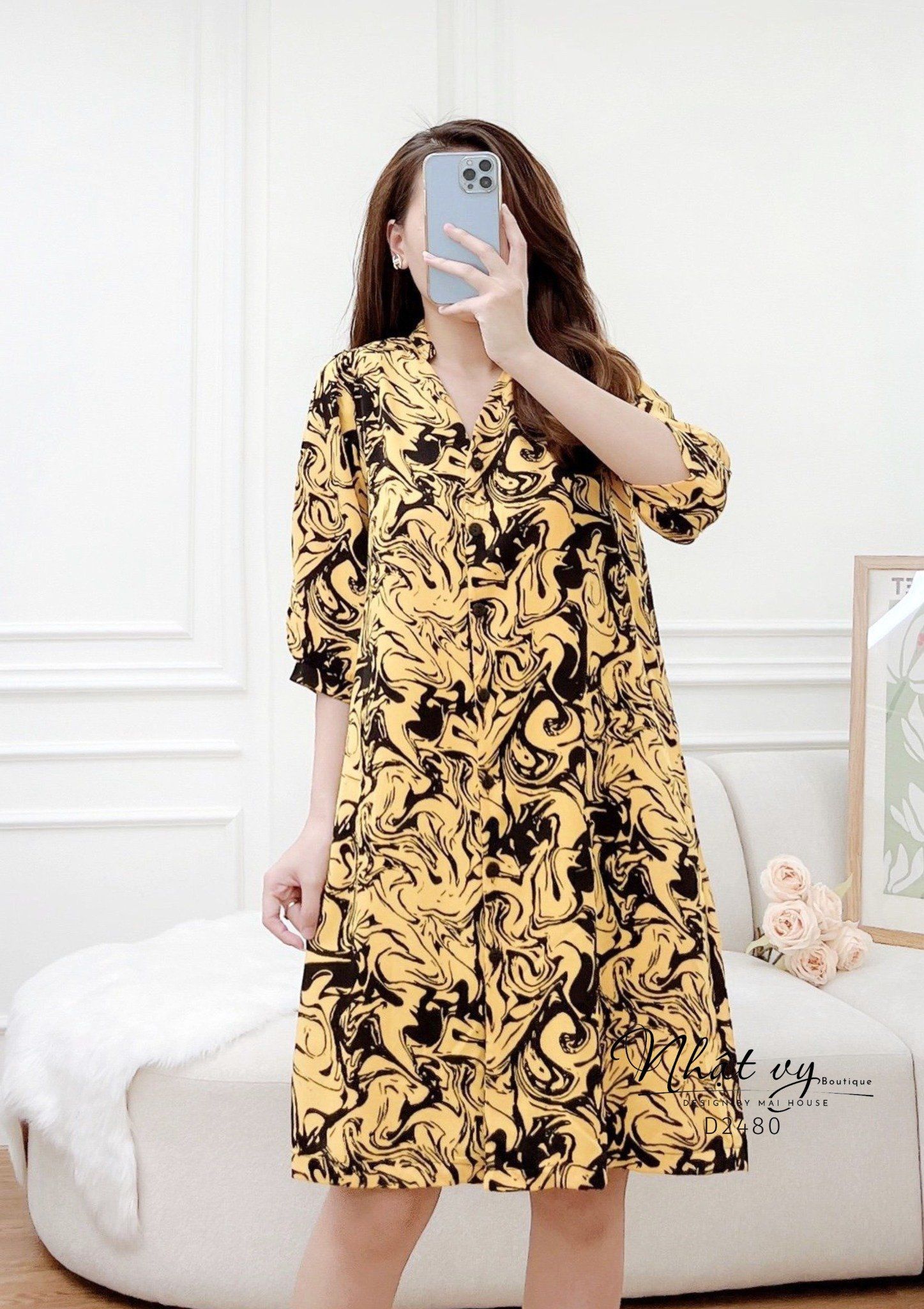 Đầm sơ mi hoạ tiết dáng suông tay lửng - D2480
