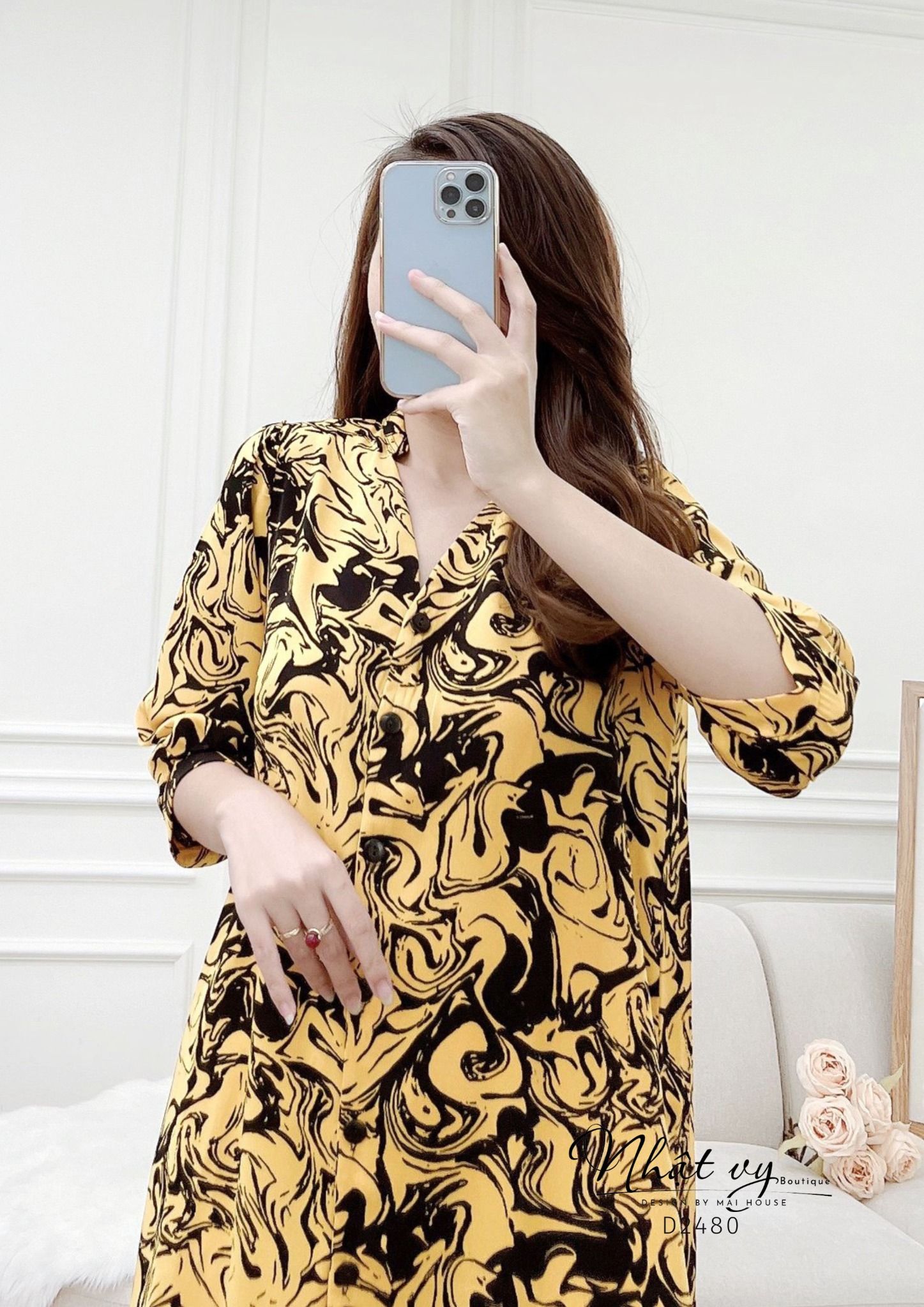 Đầm sơ mi hoạ tiết dáng suông tay lửng - D2480