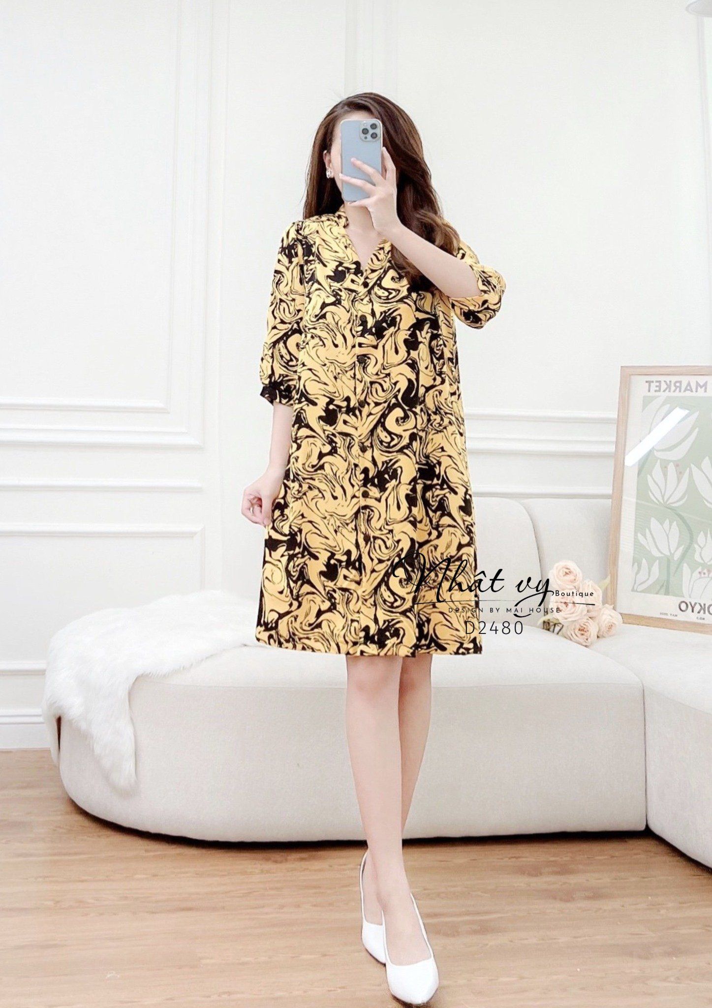 Đầm sơ mi hoạ tiết dáng suông tay lửng - D2480