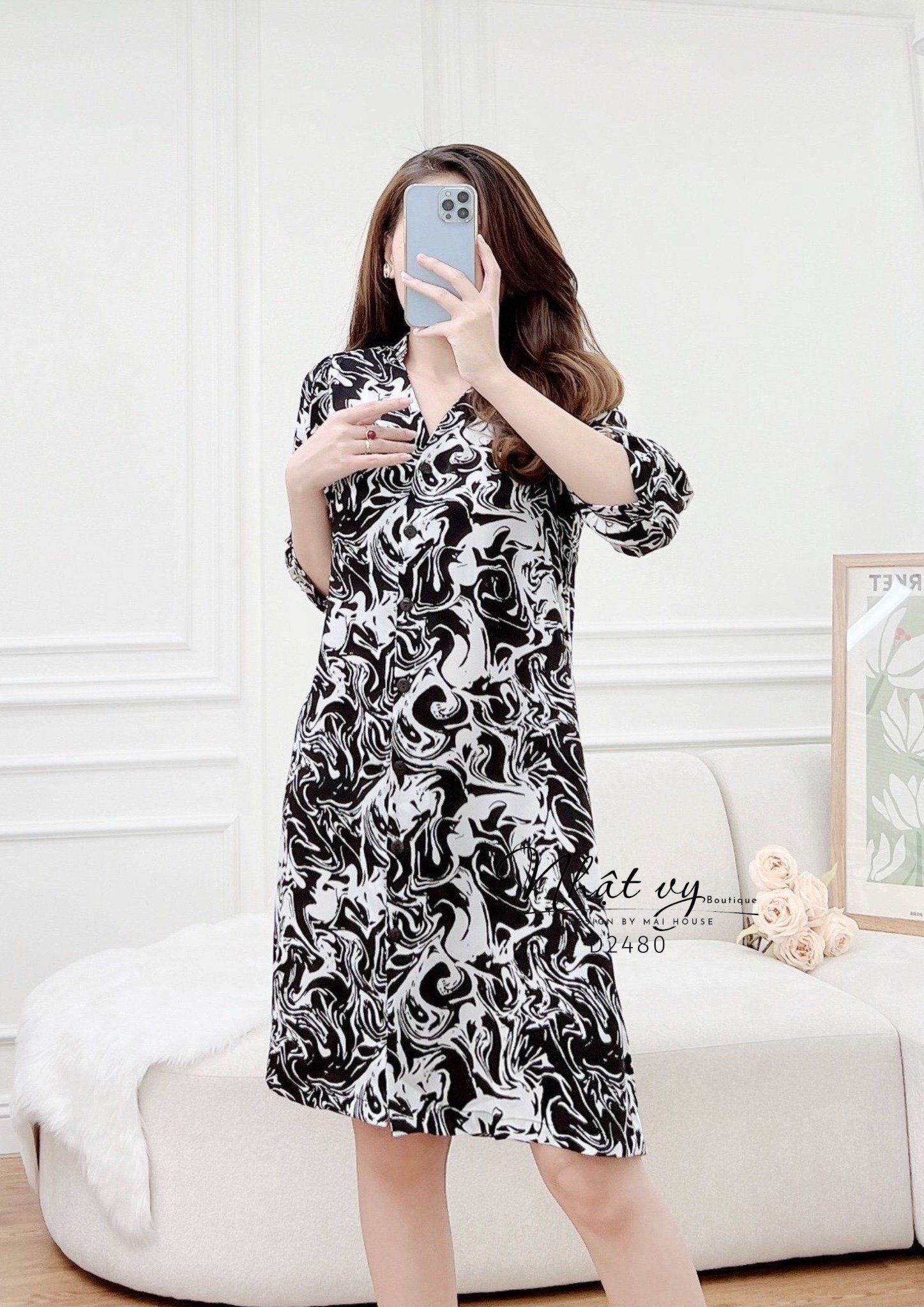 Đầm sơ mi hoạ tiết dáng suông tay lửng - D2480
