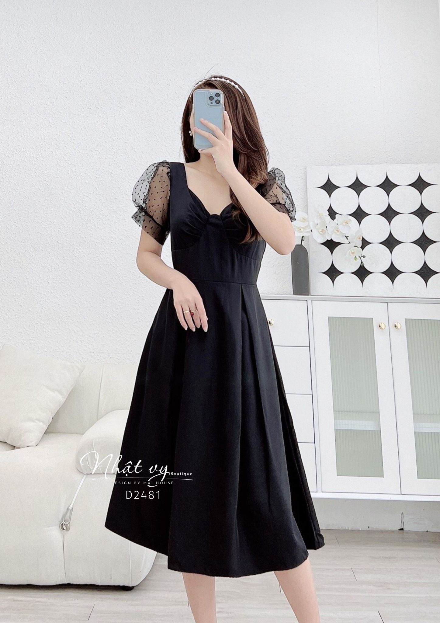 Đầm cổ cách điệu dáng nơ ngực phối tay ren - D2481