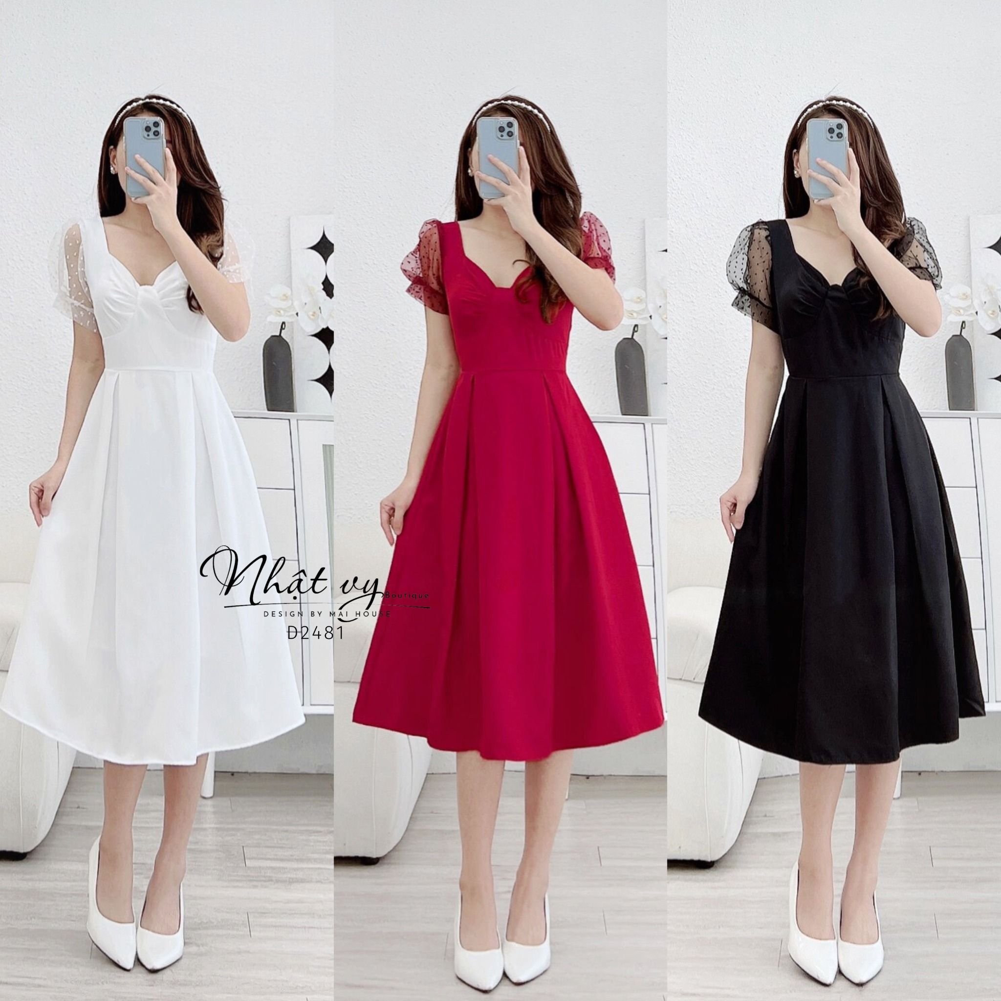 Đầm cổ cách điệu dáng nơ ngực phối tay ren - D2481