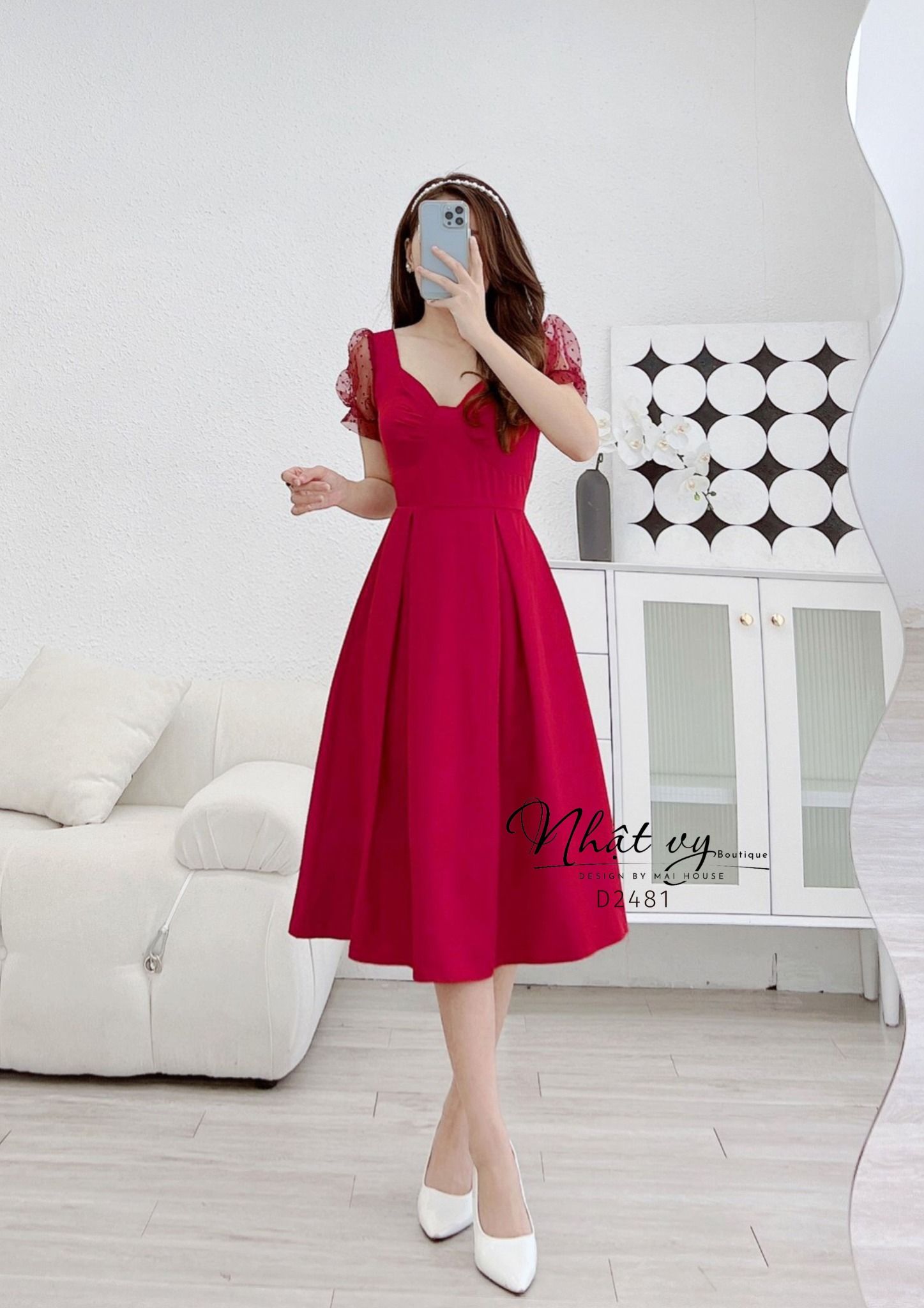 Đầm cổ cách điệu dáng nơ ngực phối tay ren - D2481