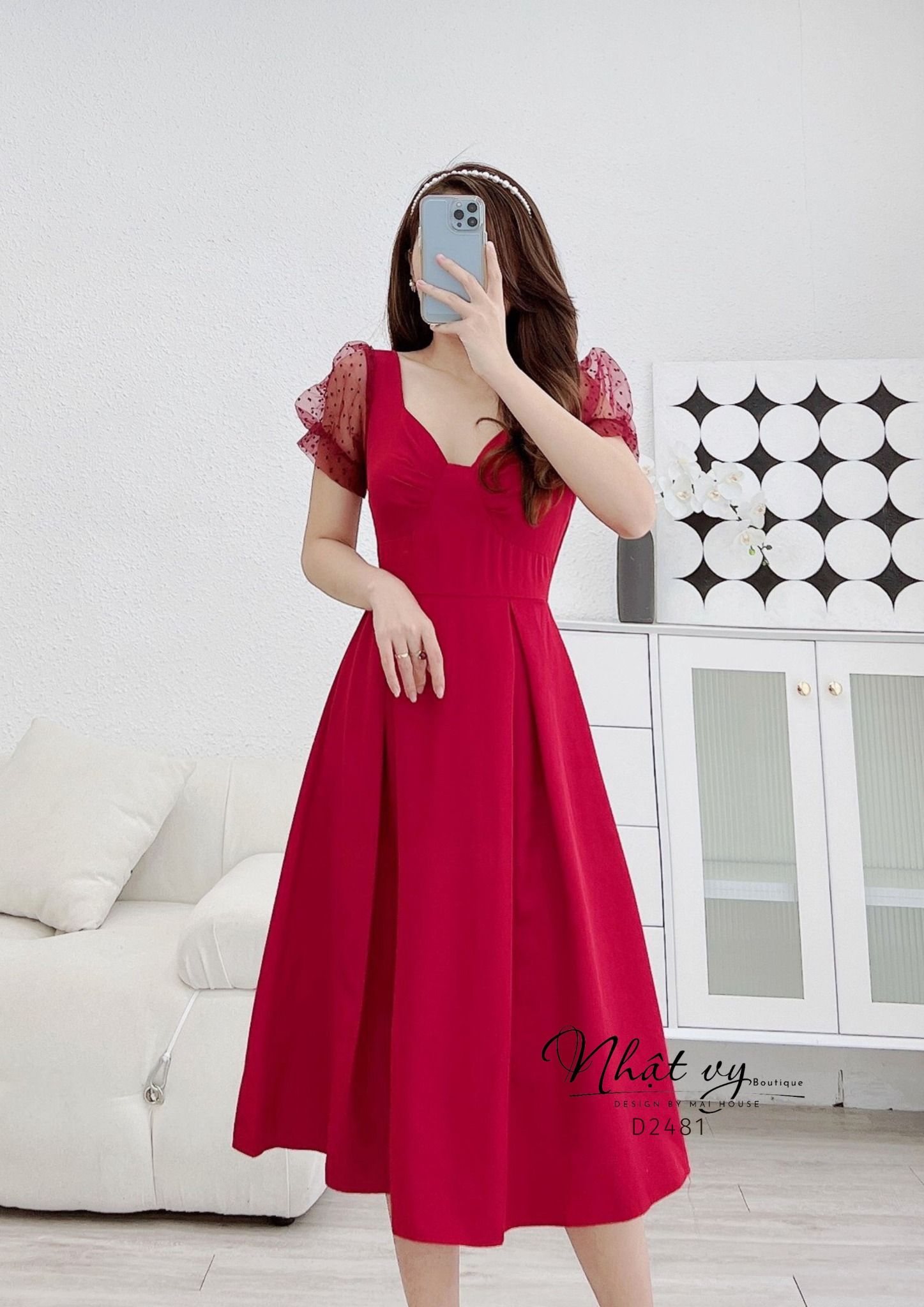 Đầm cổ cách điệu dáng nơ ngực phối tay ren - D2481