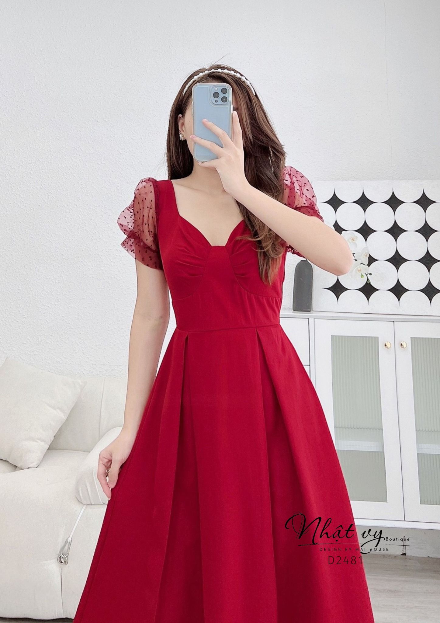 Đầm cổ cách điệu dáng nơ ngực phối tay ren - D2481