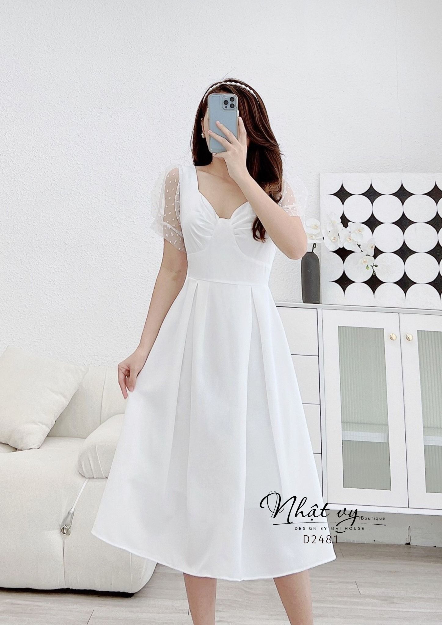 Đầm cổ cách điệu dáng nơ ngực phối tay ren - D2481