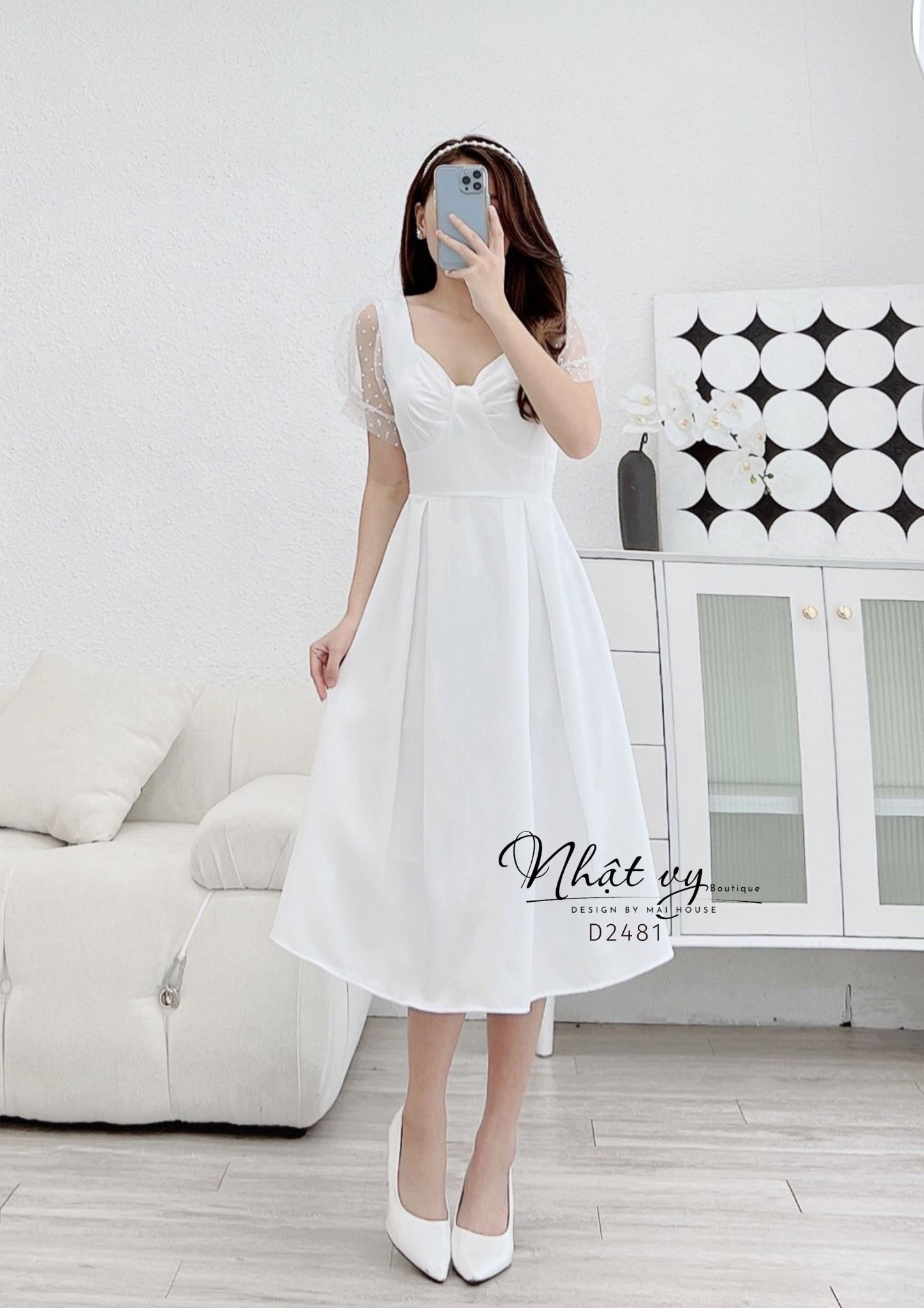 Đầm cổ cách điệu dáng nơ ngực phối tay ren - D2481