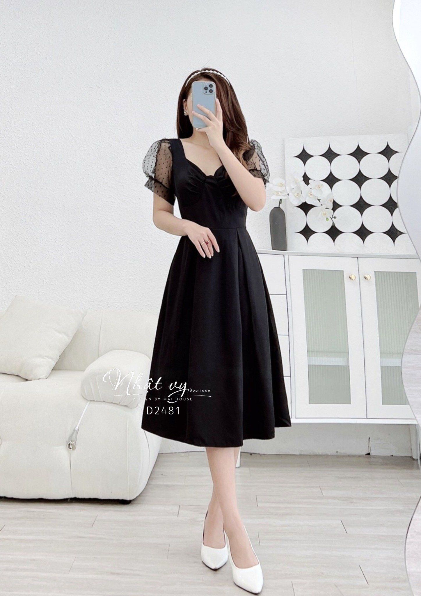 Đầm cổ cách điệu dáng nơ ngực phối tay ren - D2481