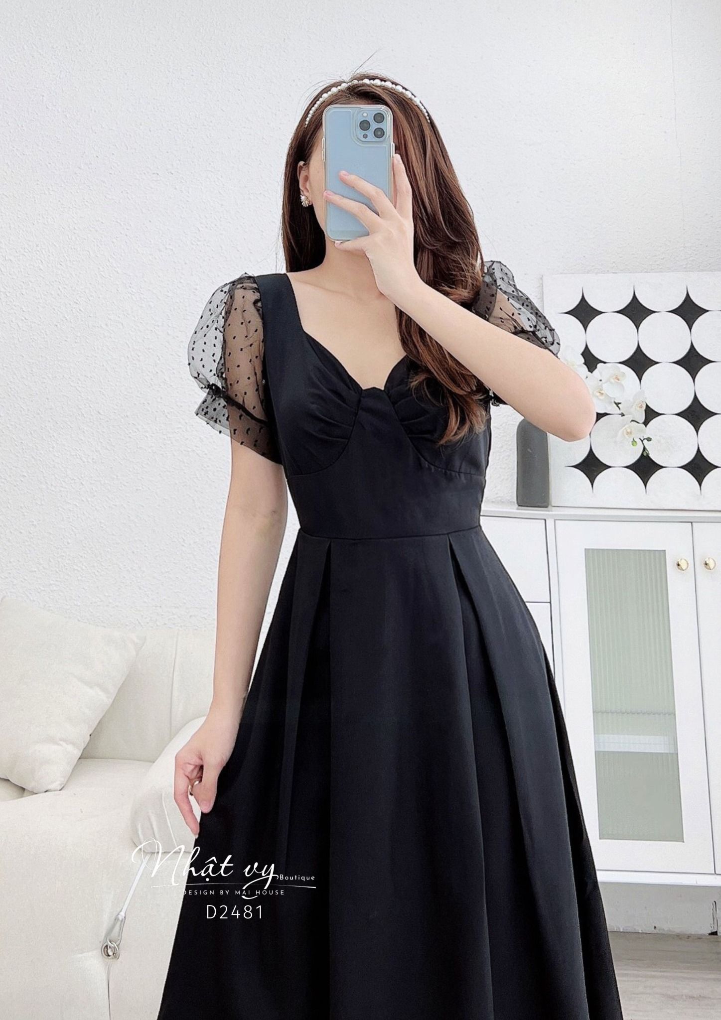 Đầm cổ cách điệu dáng nơ ngực phối tay ren - D2481