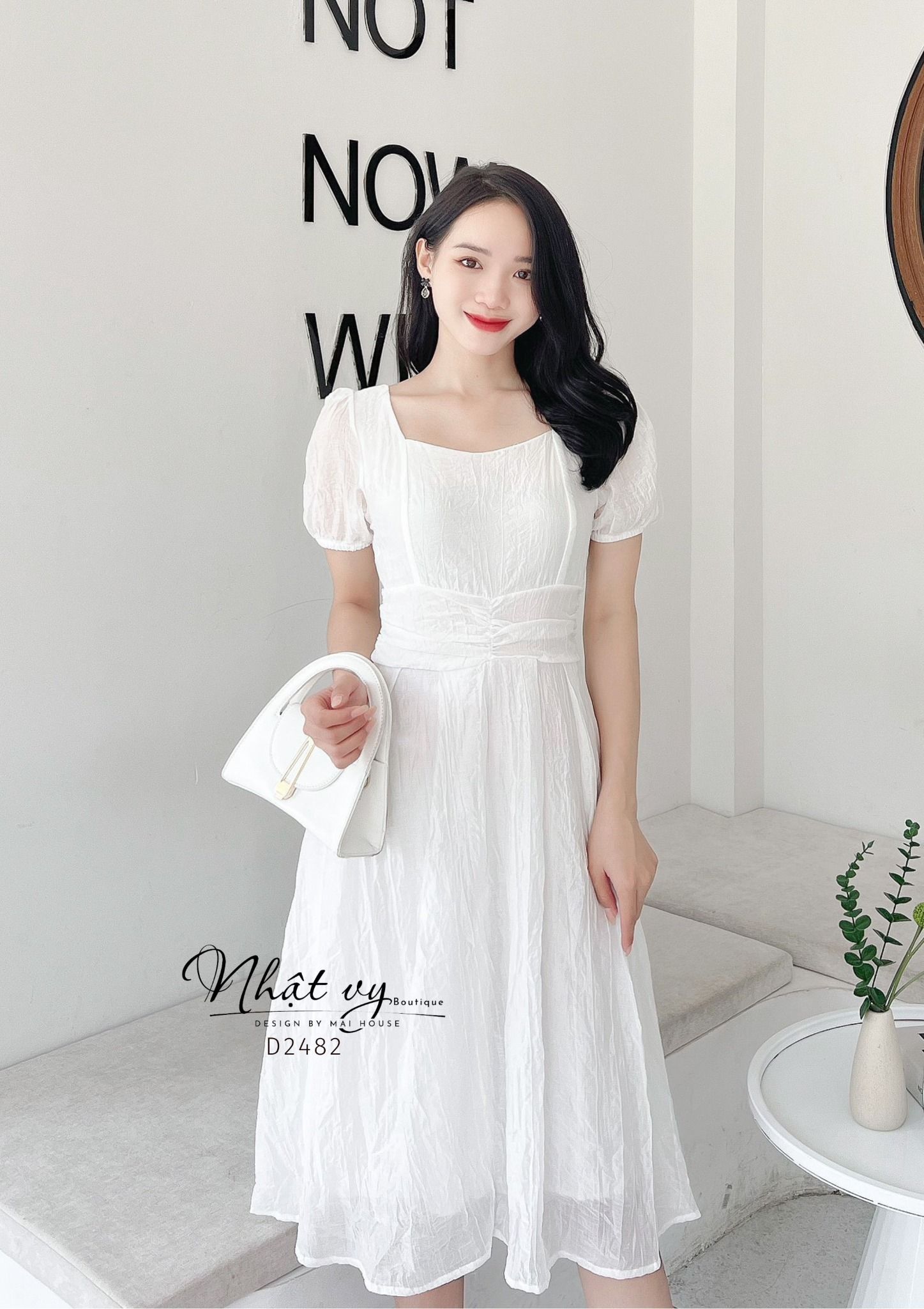 Đầm cổ vuông dây liền xoắn eo thắt nơ sau - D2482