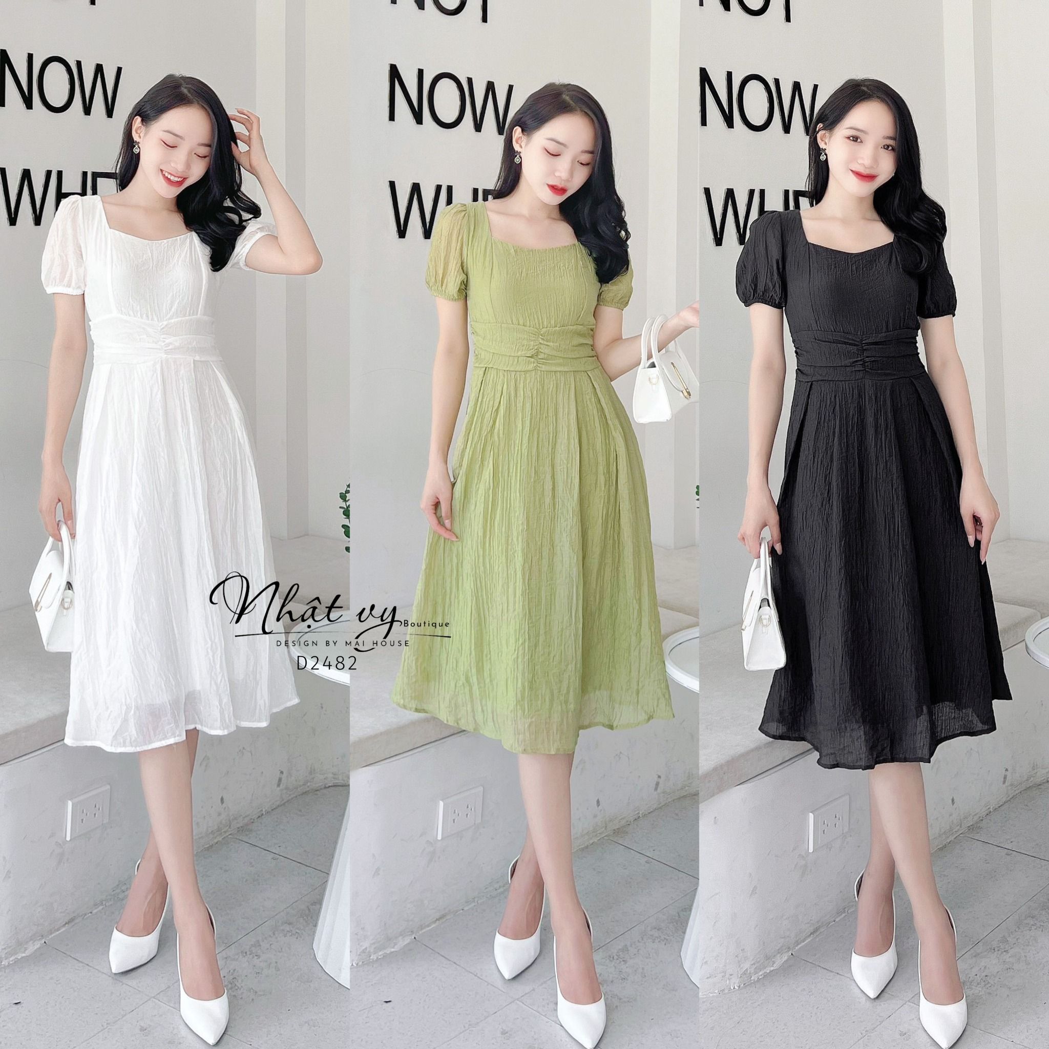 Đầm cổ vuông dây liền xoắn eo thắt nơ sau - D2482