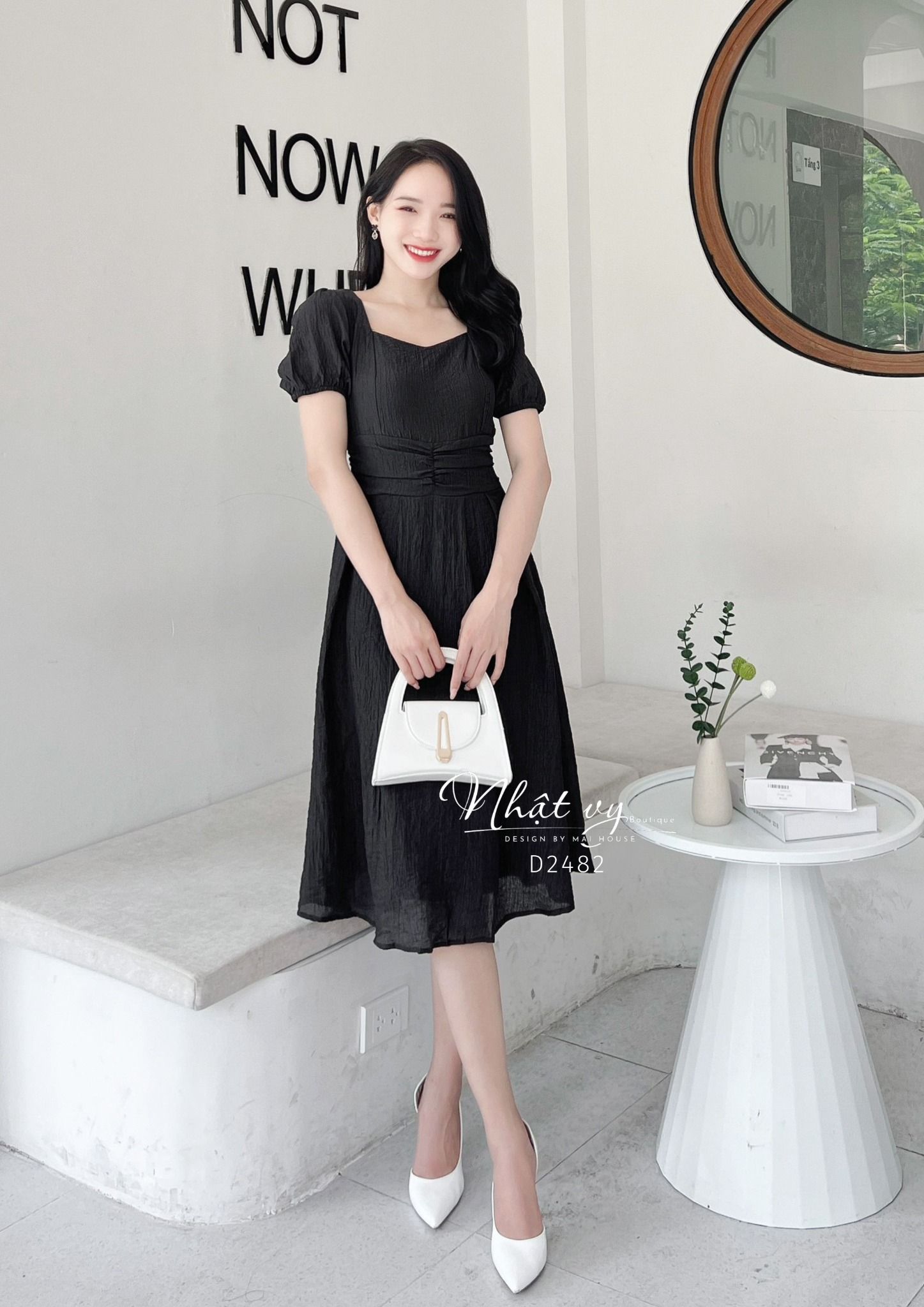 Đầm cổ vuông dây liền xoắn eo thắt nơ sau - D2482