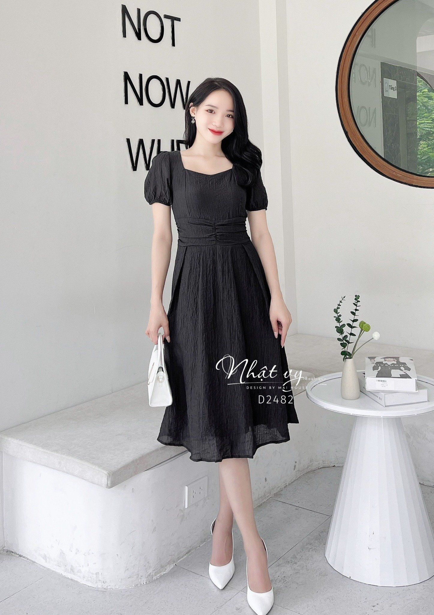 Đầm cổ vuông dây liền xoắn eo thắt nơ sau - D2482