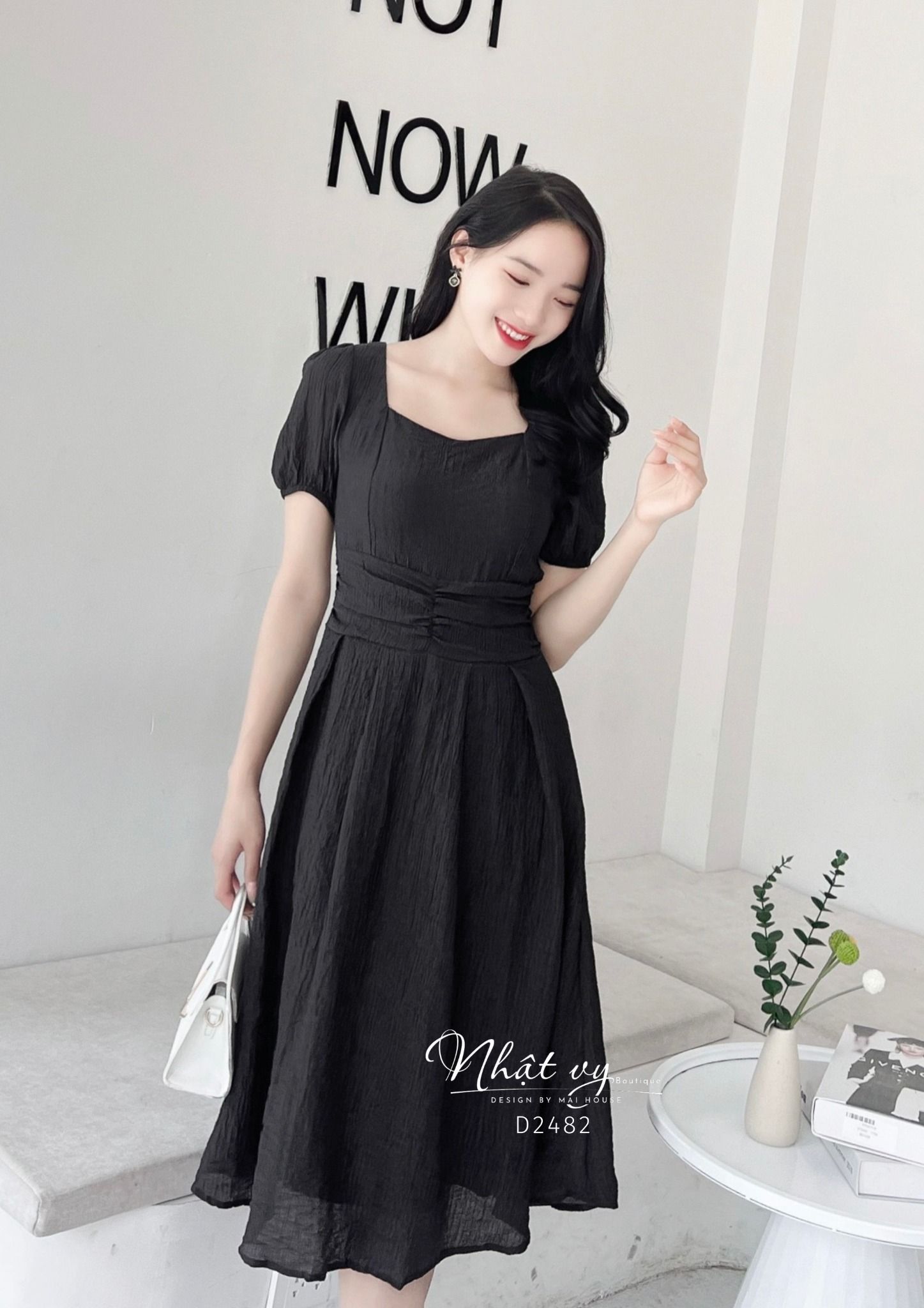 Đầm cổ vuông dây liền xoắn eo thắt nơ sau - D2482