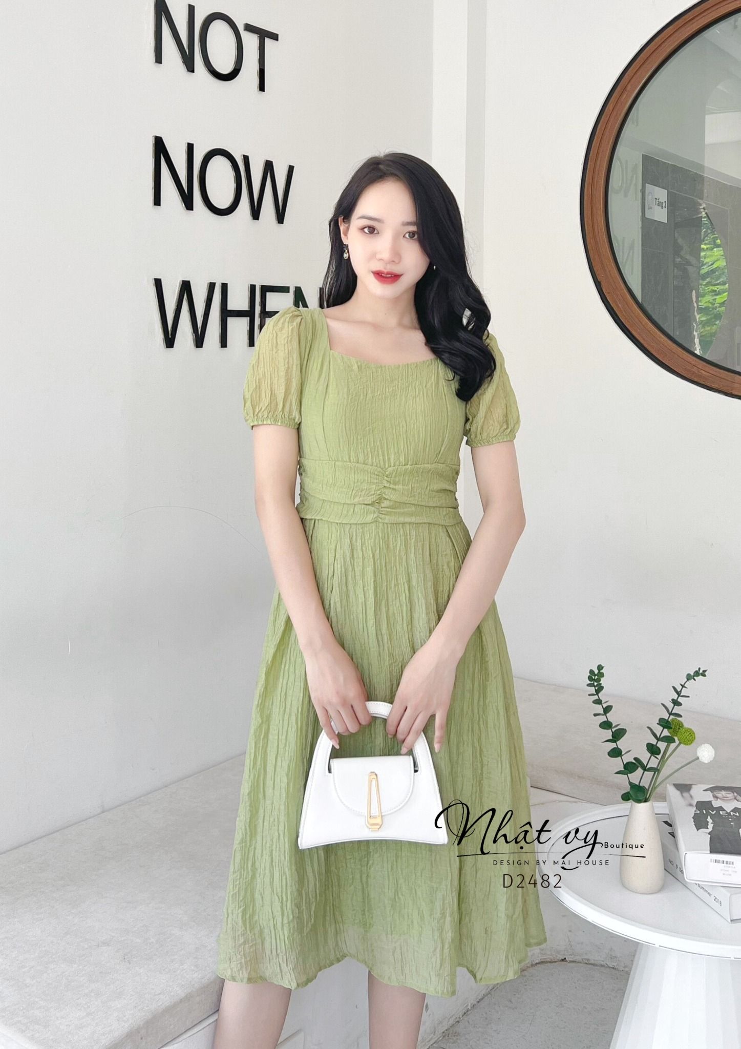 Đầm cổ vuông dây liền xoắn eo thắt nơ sau - D2482