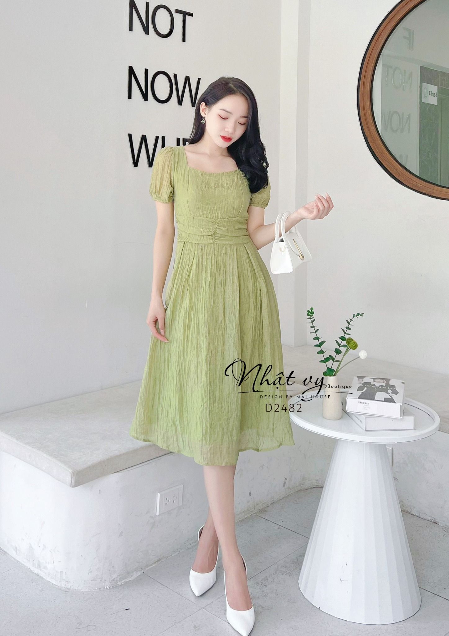 Đầm cổ vuông dây liền xoắn eo thắt nơ sau - D2482
