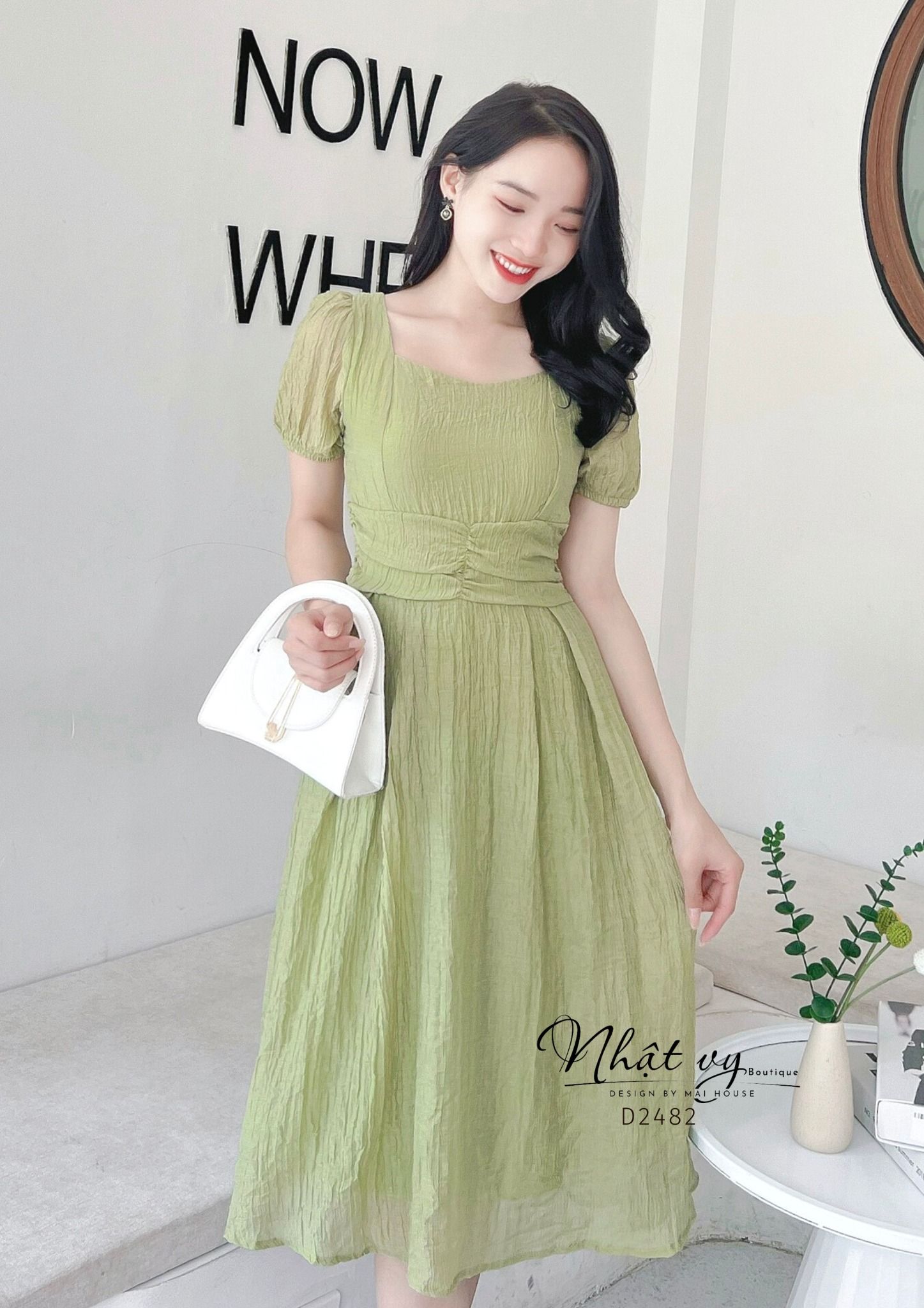 Đầm cổ vuông dây liền xoắn eo thắt nơ sau - D2482
